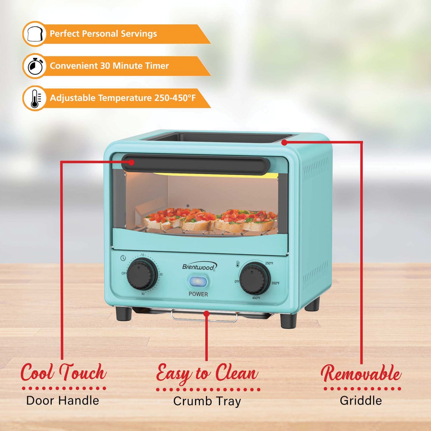 Brentwood 183 Cu In 500W Stainless Steel Mini Toaster Oven, Blue - Image 4