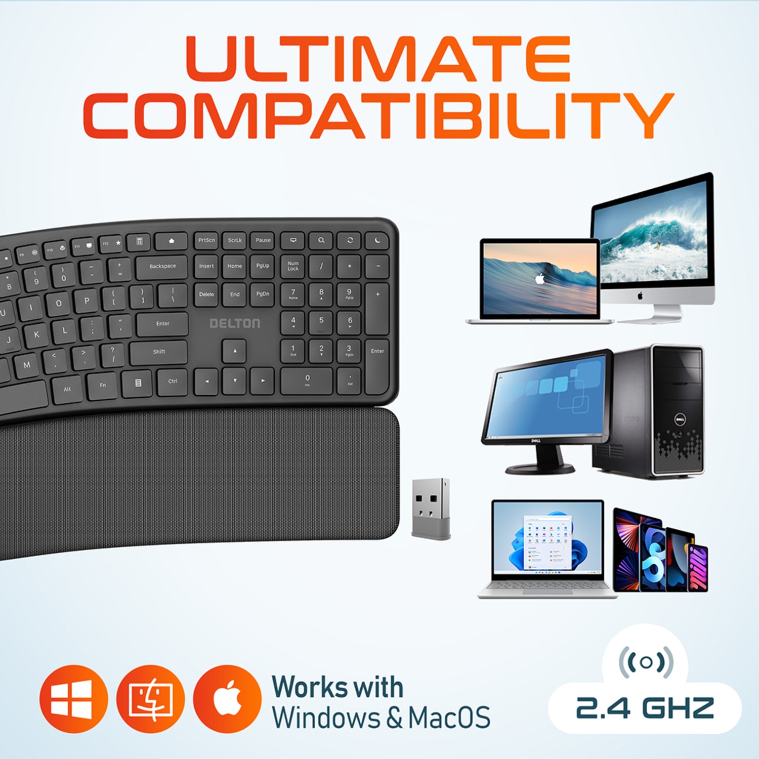 Delton E250 Wireless Ergonomic Keyboard and Trackball Mouse Combo, 2.4GHz/USB Dongle, Black, Total Qty 1 - Image 3