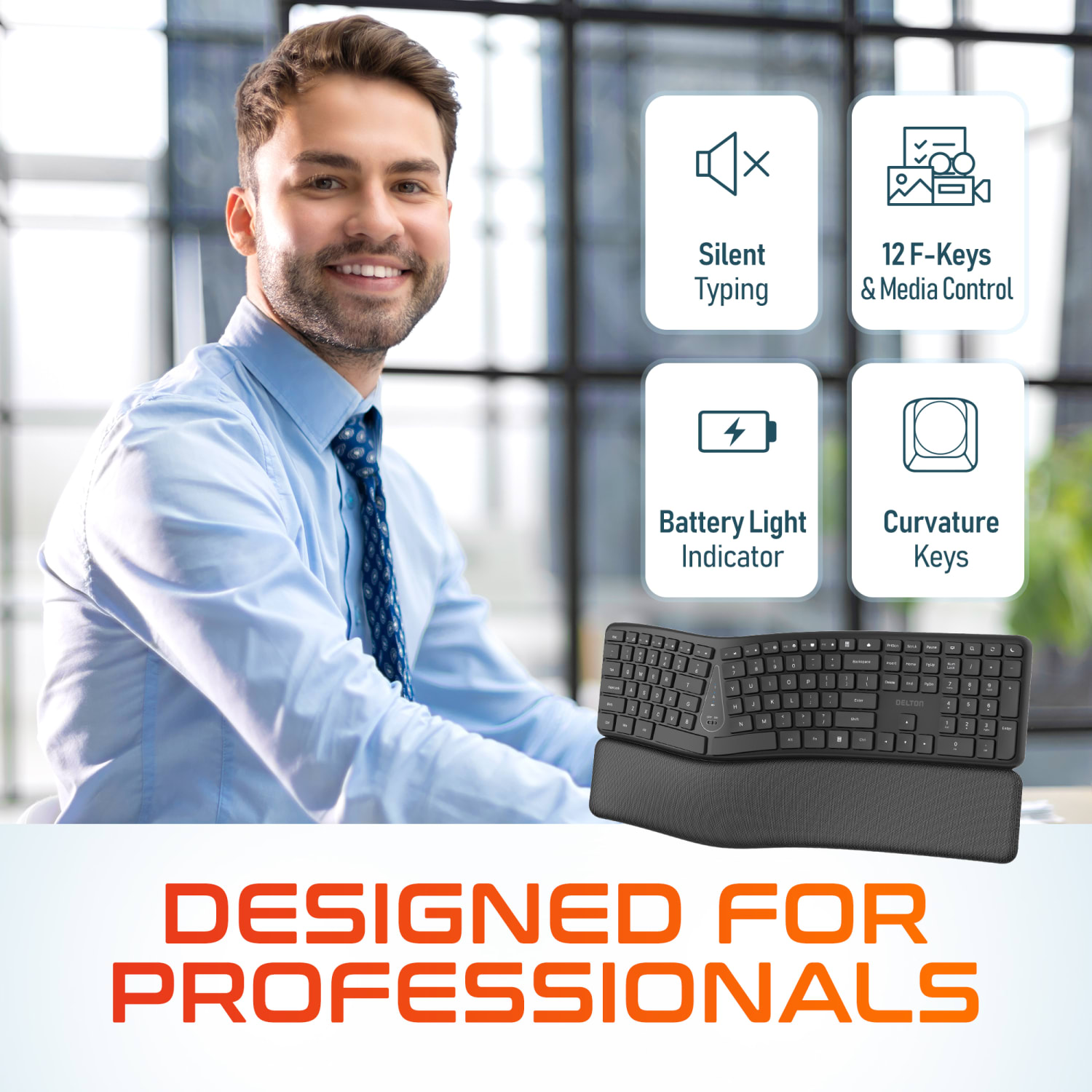 Delton E250 Wireless Ergonomic Keyboard and Trackball Mouse Combo, 2.4GHz/USB Dongle, Black, Total Qty 1 - Image 4