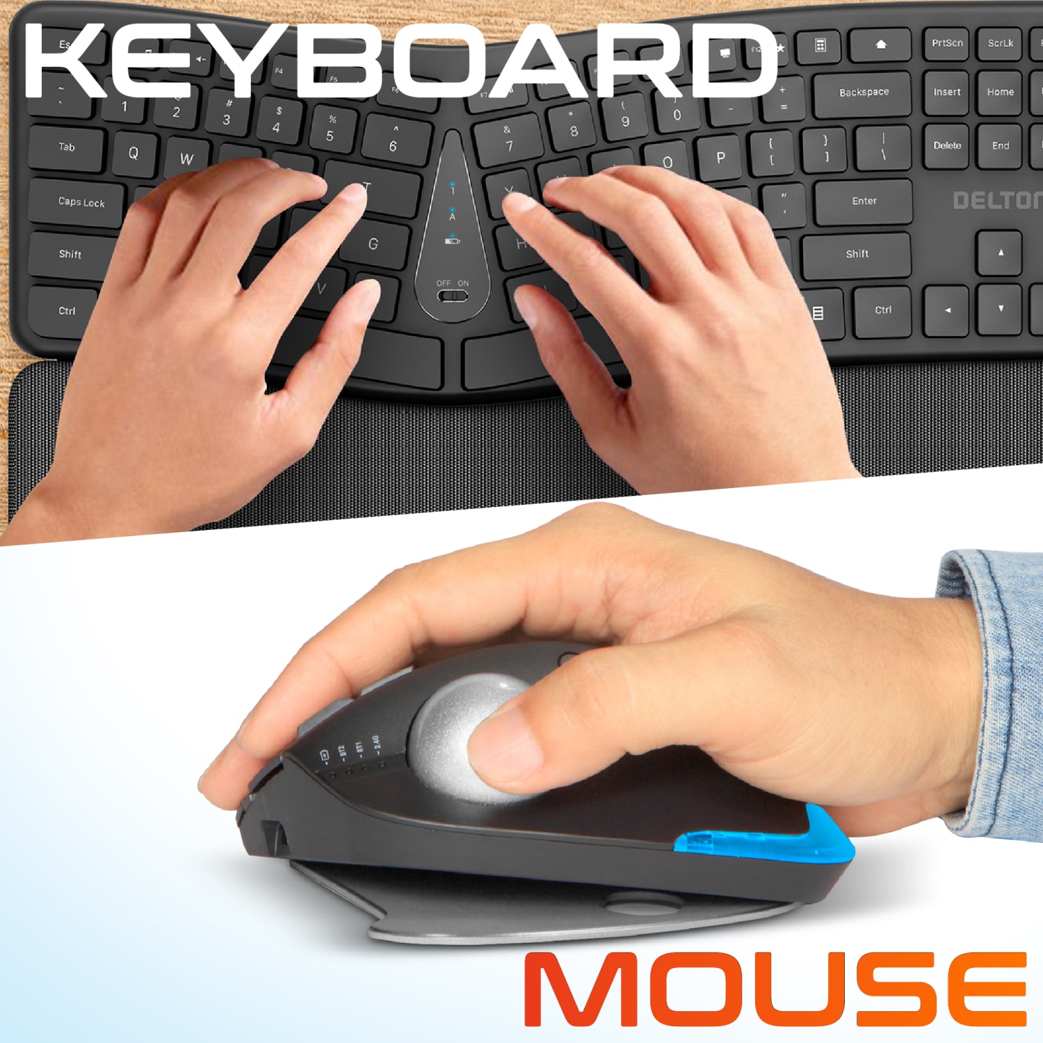 Delton E250 Wireless Ergonomic Keyboard and Trackball Mouse Combo, 2.4GHz/USB Dongle, Black, Total Qty 1 - Image 6