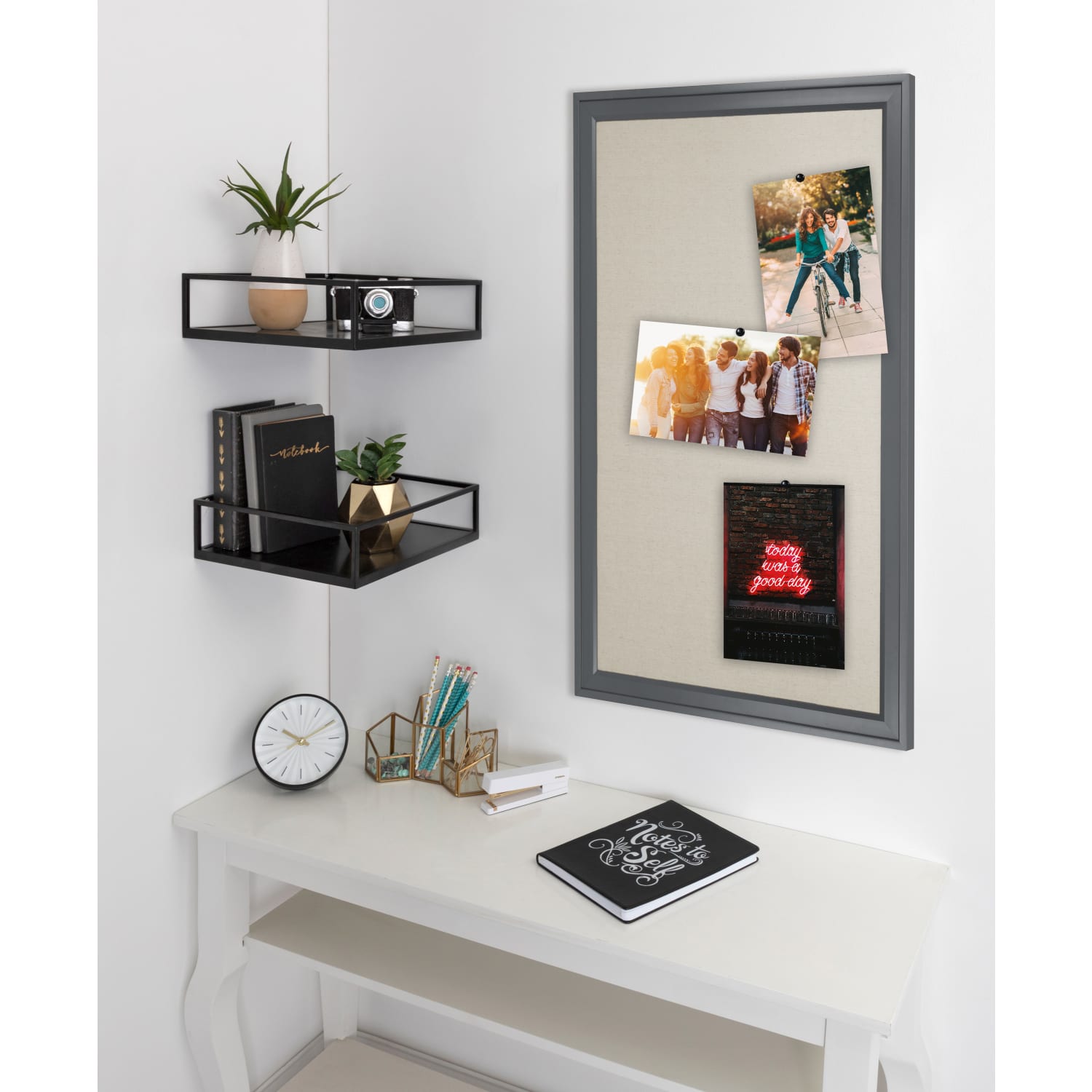 DesignOvations Bosc Non-Magnetic Framed Linen Fabric Pinboard, 27-1/2in x 43-1/2in, Beige, Gray Plastic Frame - Image 5