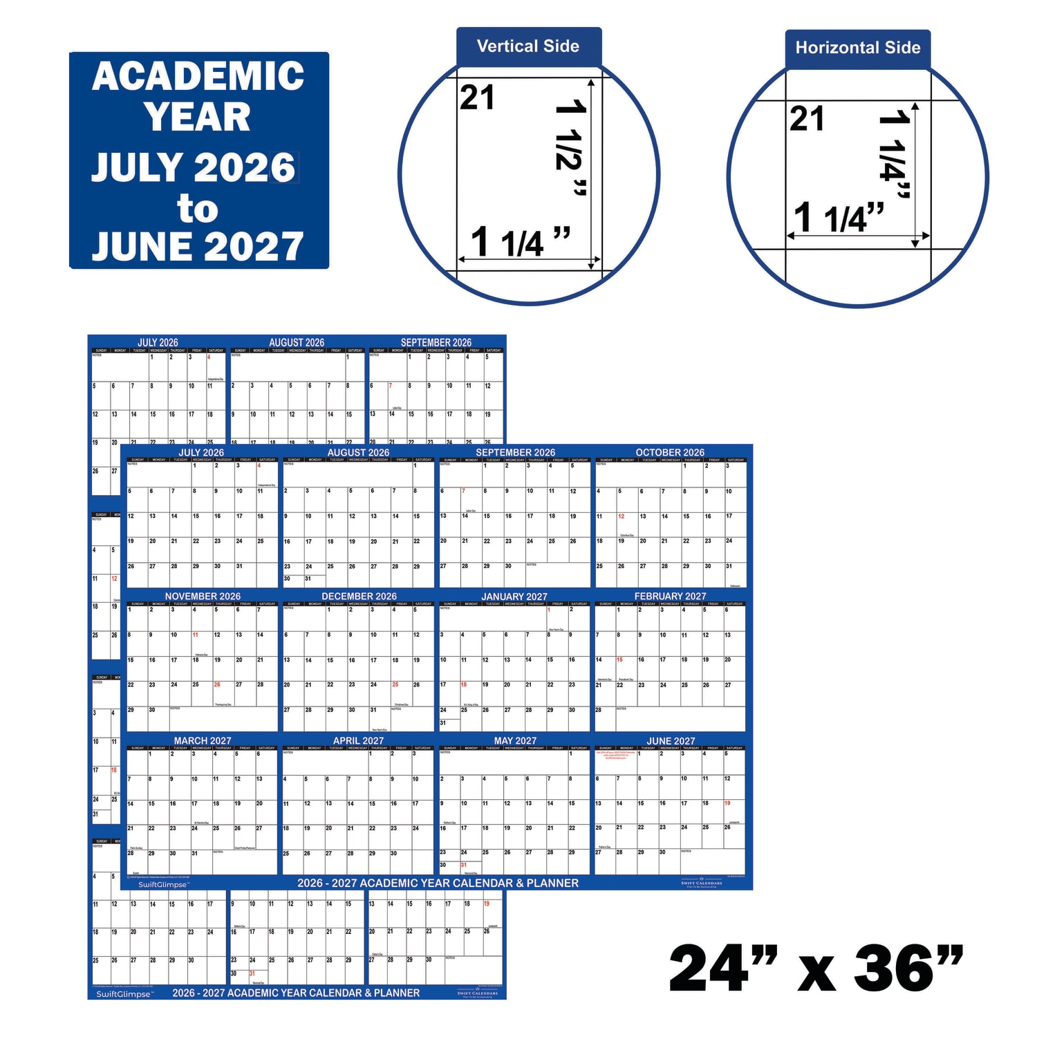 2026-2027 SwiftGlimpse Academic Monthly Wall Calendar, 36in x 24in, Navy/White, July To June, Total Qty 1 - Image 3