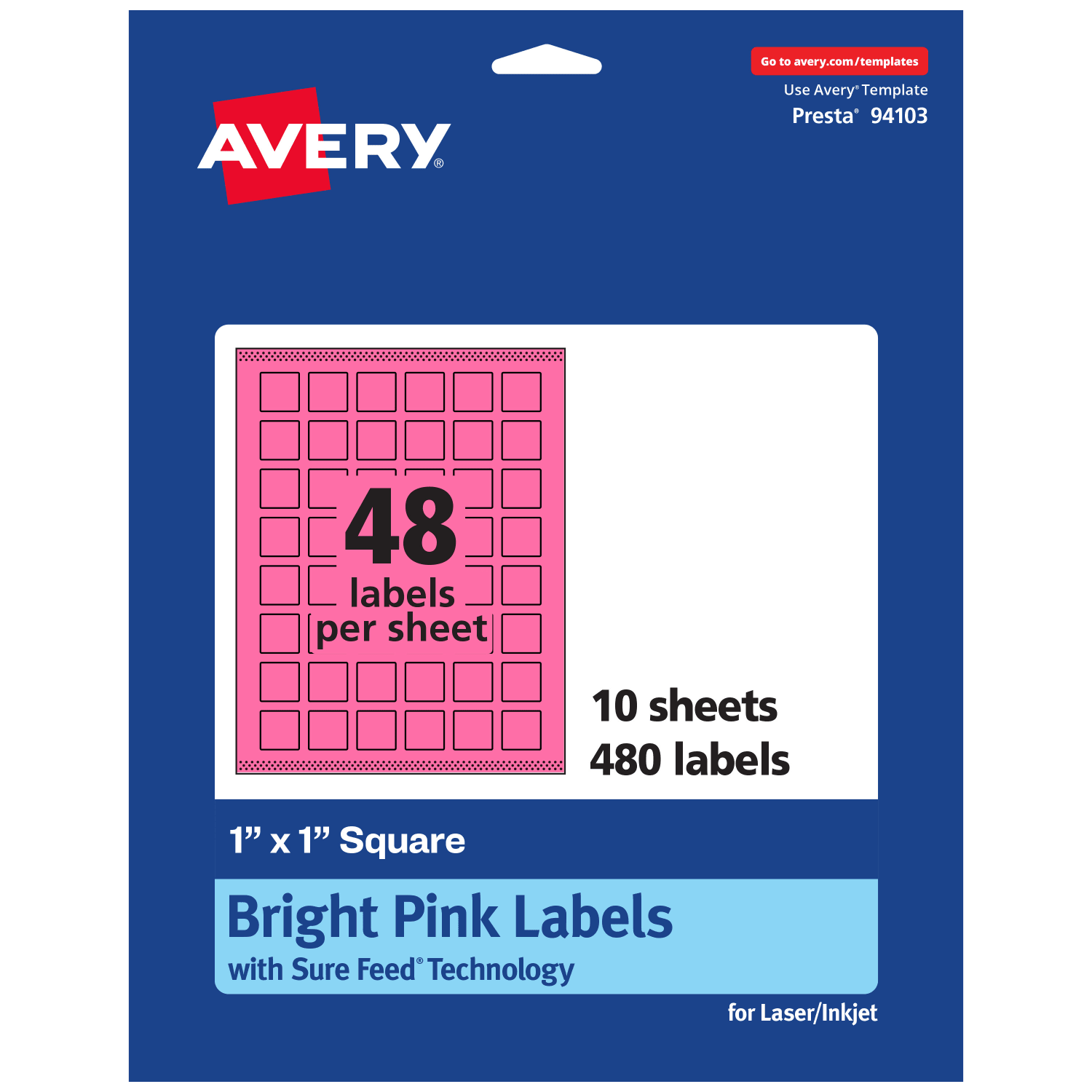 Avery Print-To-The-Edge Labels With Sure Feed Technology And Easy Peel Label Feature, 94103-BPP10, Square, 1in x 1in, Matte Bright Pink, Pack of 480