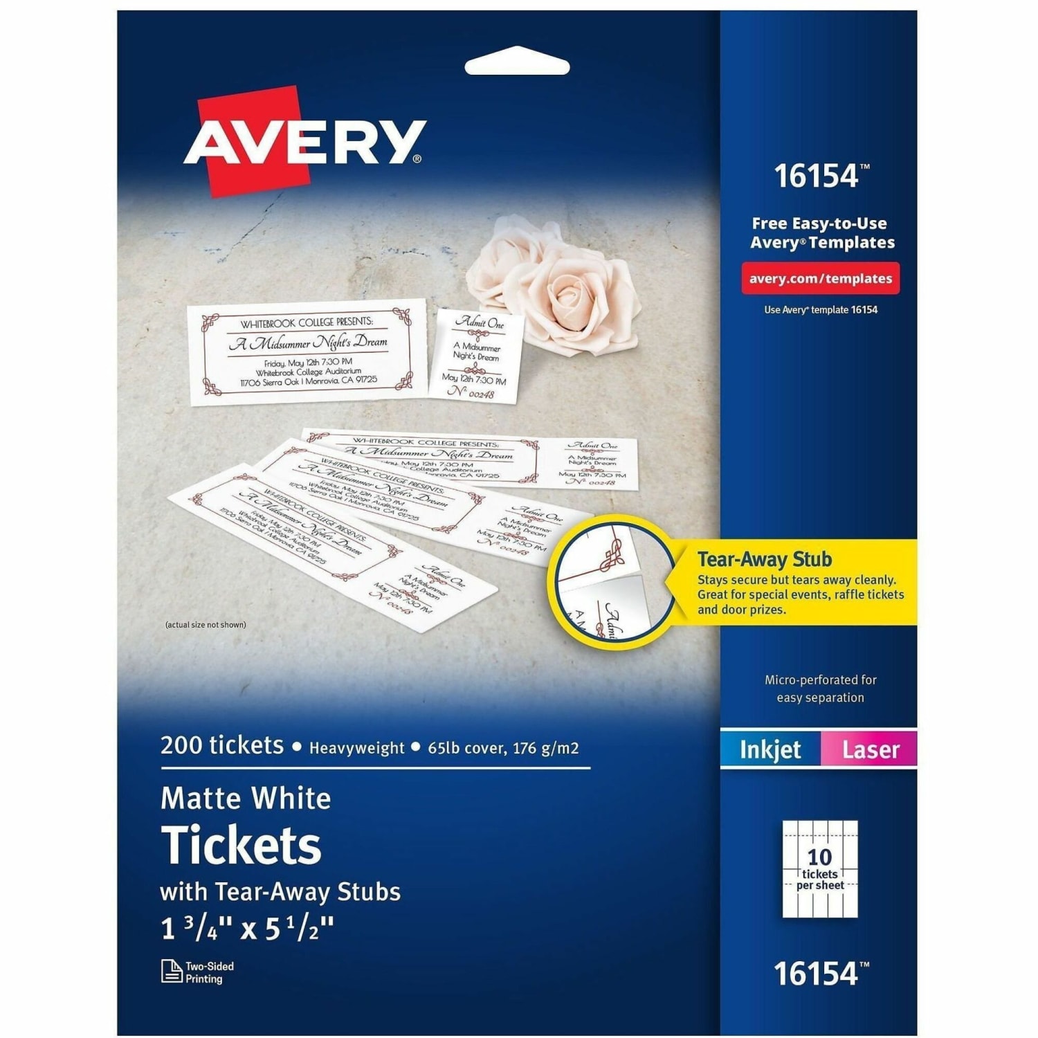 Avery Blank Tickets with Tear-Away Stubs - 1 3/4in Widthss x 5 1/2in Length - Laser, Inkjet - Matte White - 20 / Sheet - 200/Pack - 5 / Carton