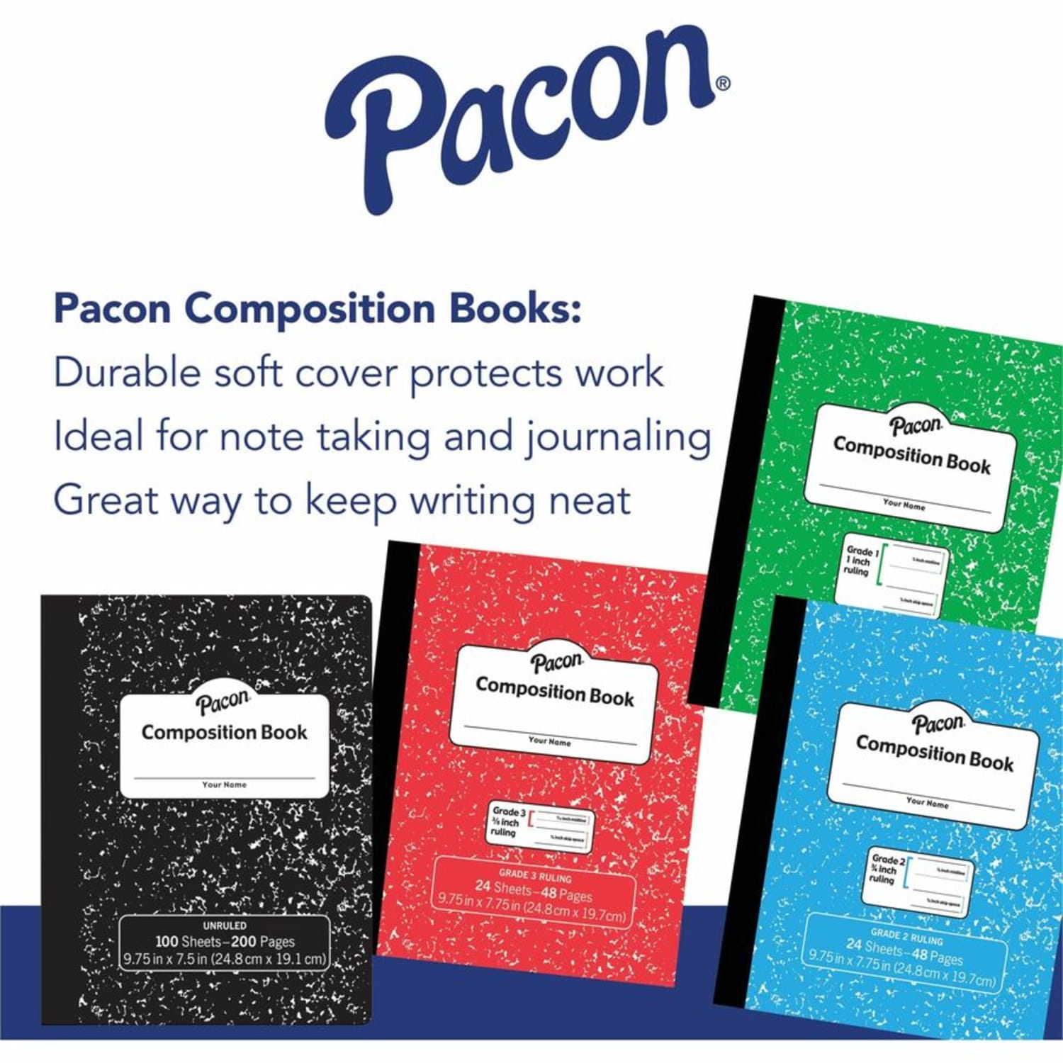 Pacon Composition Book - 24 Sheets - 48 Pages - 9.8in Width x 7.5in Depth - Blue Marble Cover - Durable Cover, Soft Cover - 1 Each - Image 4