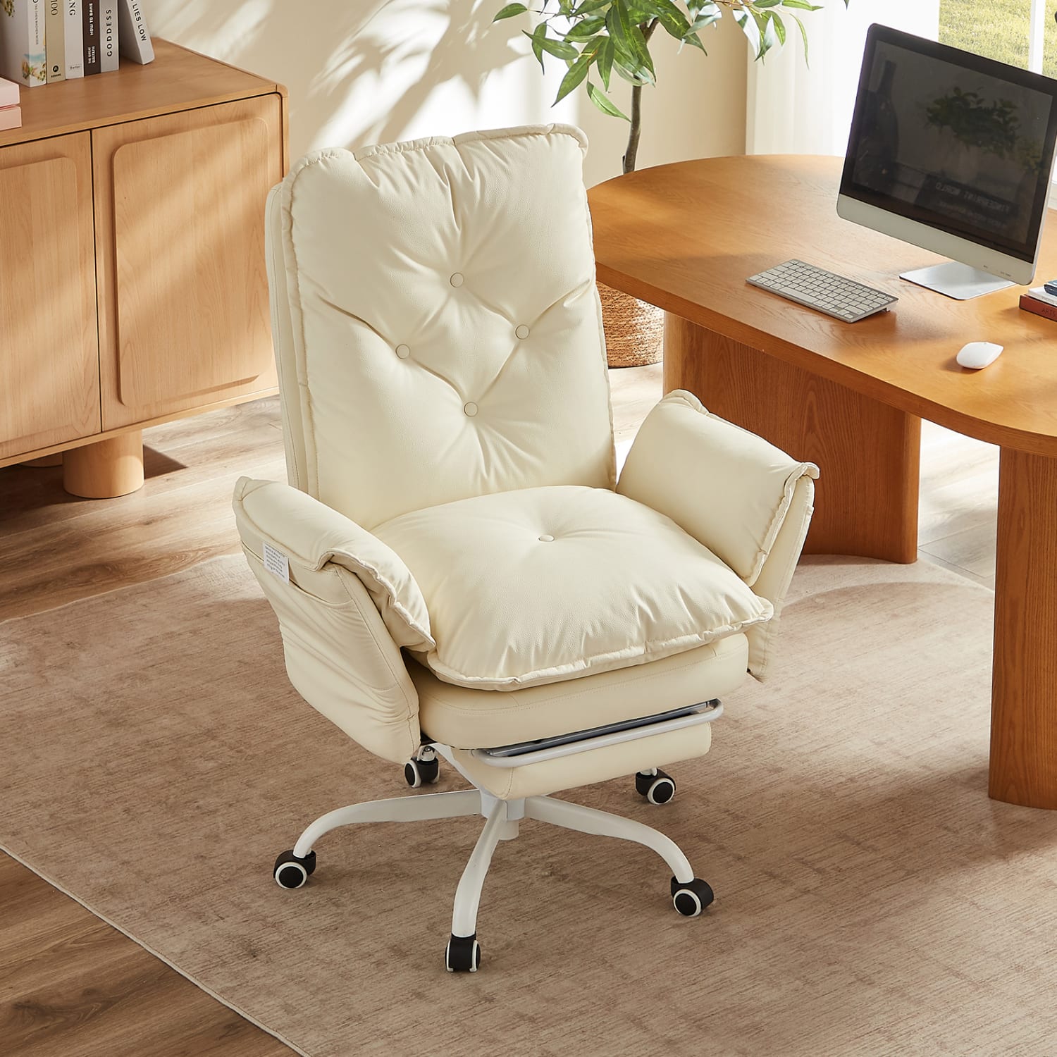 Bestier Ergonomic PU Leather High-Back Cross-Legged Executive Office Chair, Beige, H200671AMWP - Image 4