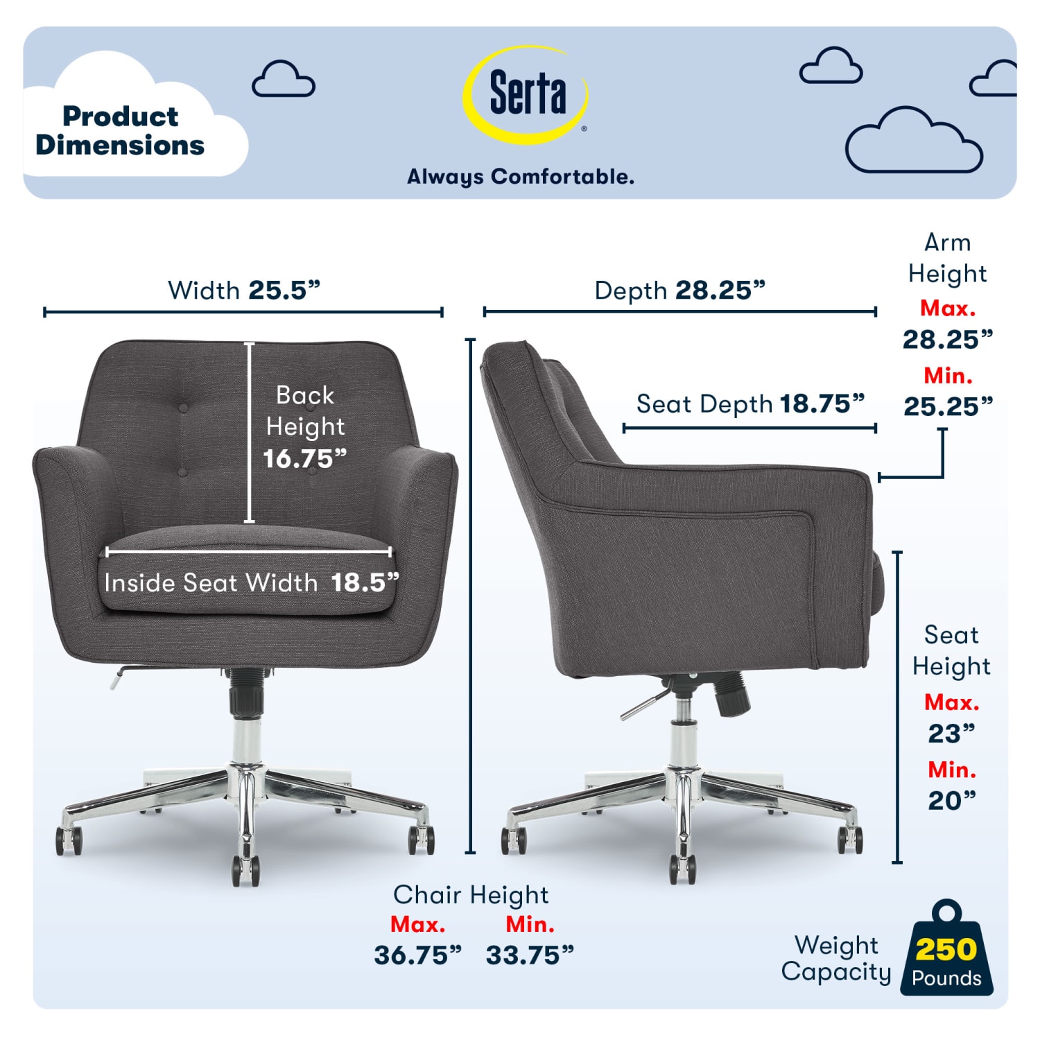 Serta Ashland Home Mid-Back Office Chair, Twill Fabric, Graphite/Chrome - Image 4
