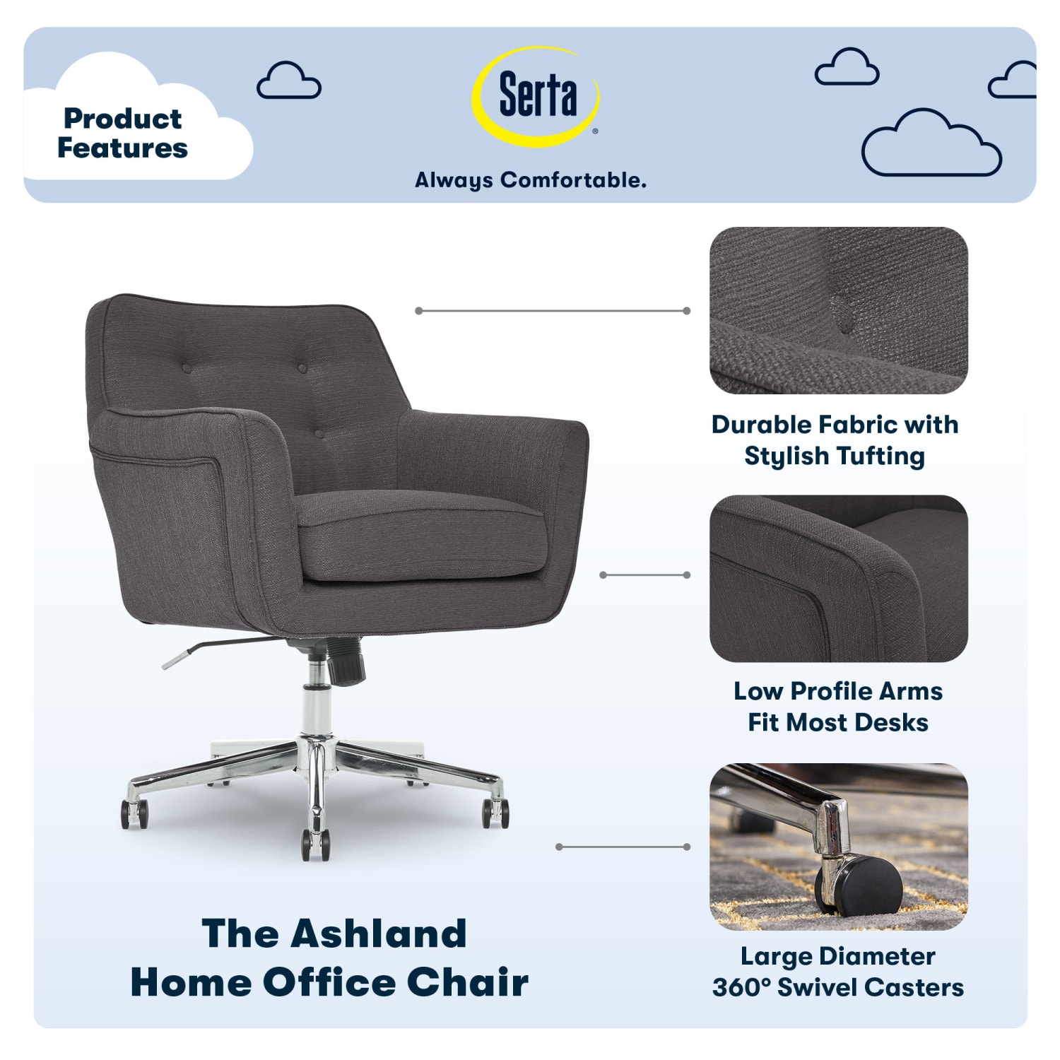 Serta Ashland Home Mid-Back Office Chair, Twill Fabric, Graphite/Chrome - Image 5