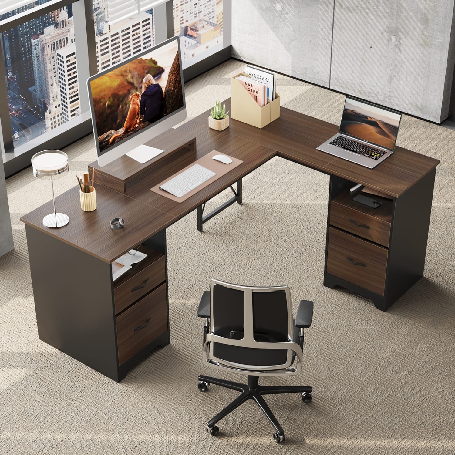 Bestier 63inW L-Shaped Corner Executive Desk With Monitor Stand & Open Storage, Cherry - Image 3