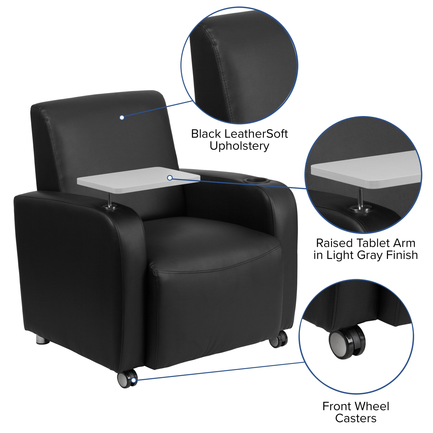 Flash Furniture LeatherSoft Contemporary Tablet Arm Wheeled Guest Chair BlackGray PopularChairscom
