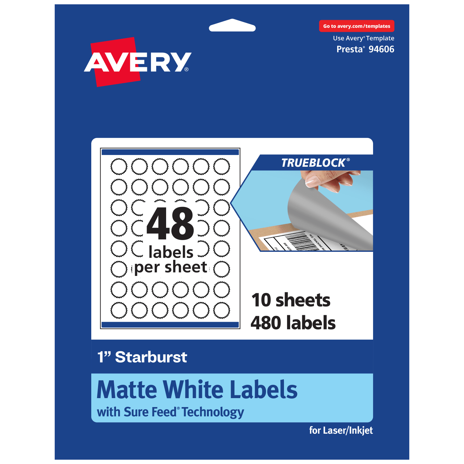 Avery Print-To-The-Edge TrueBlock Labels With Sure Feed, 94606-TWMP10, Starburst, 1in, Matte White, Pack Of 480