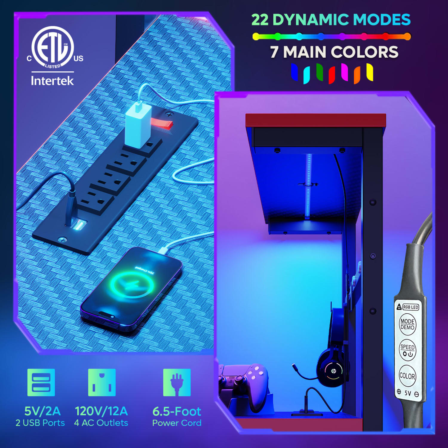 Bestier LED Gaming Computer Desk With Power Outlets, Shelves, Hook & Side Bag, 45inW, Carbon Fiber Black - Image 3