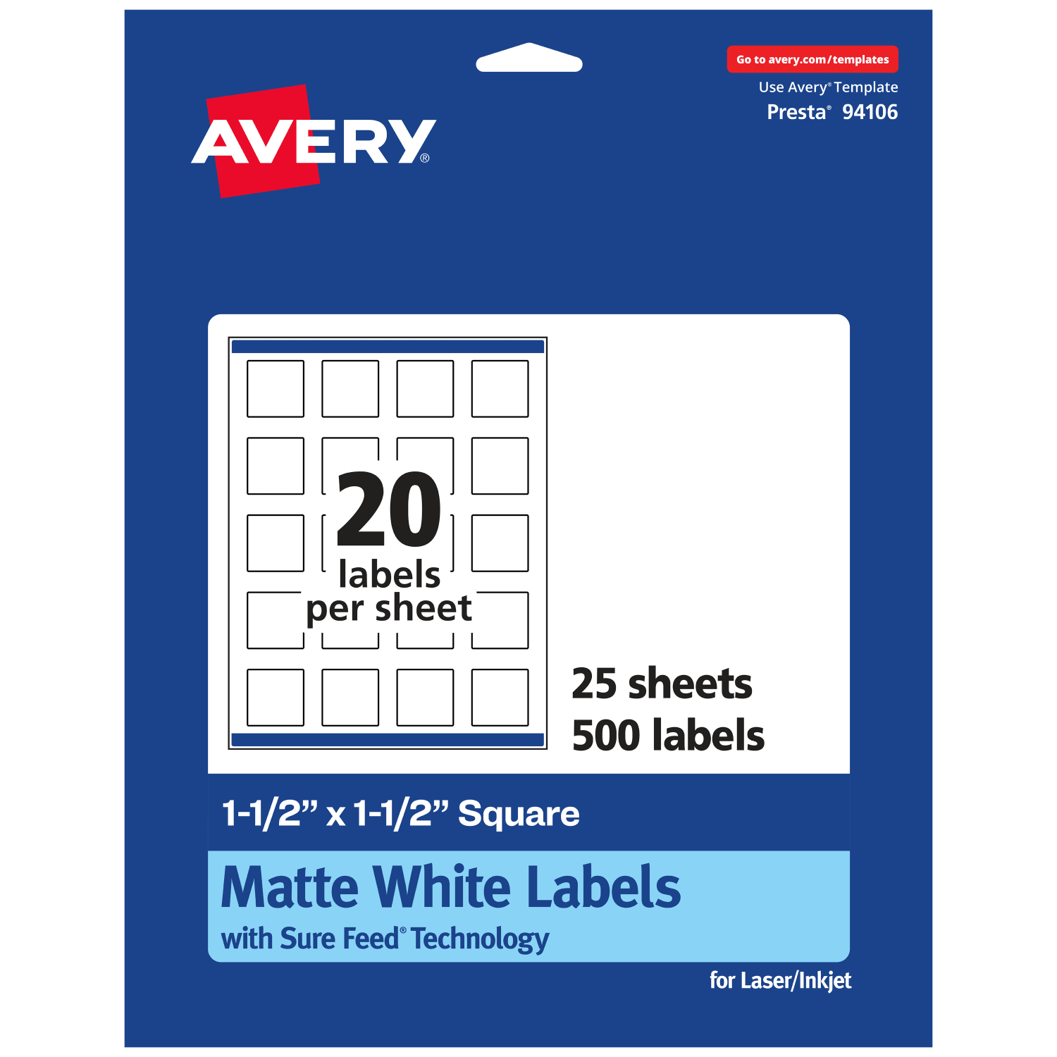 Avery Permanent Labels With Sure Feed, 94106-WMP25, Square, 1-1/2in x 1-1/2in, White, Pack Of 500