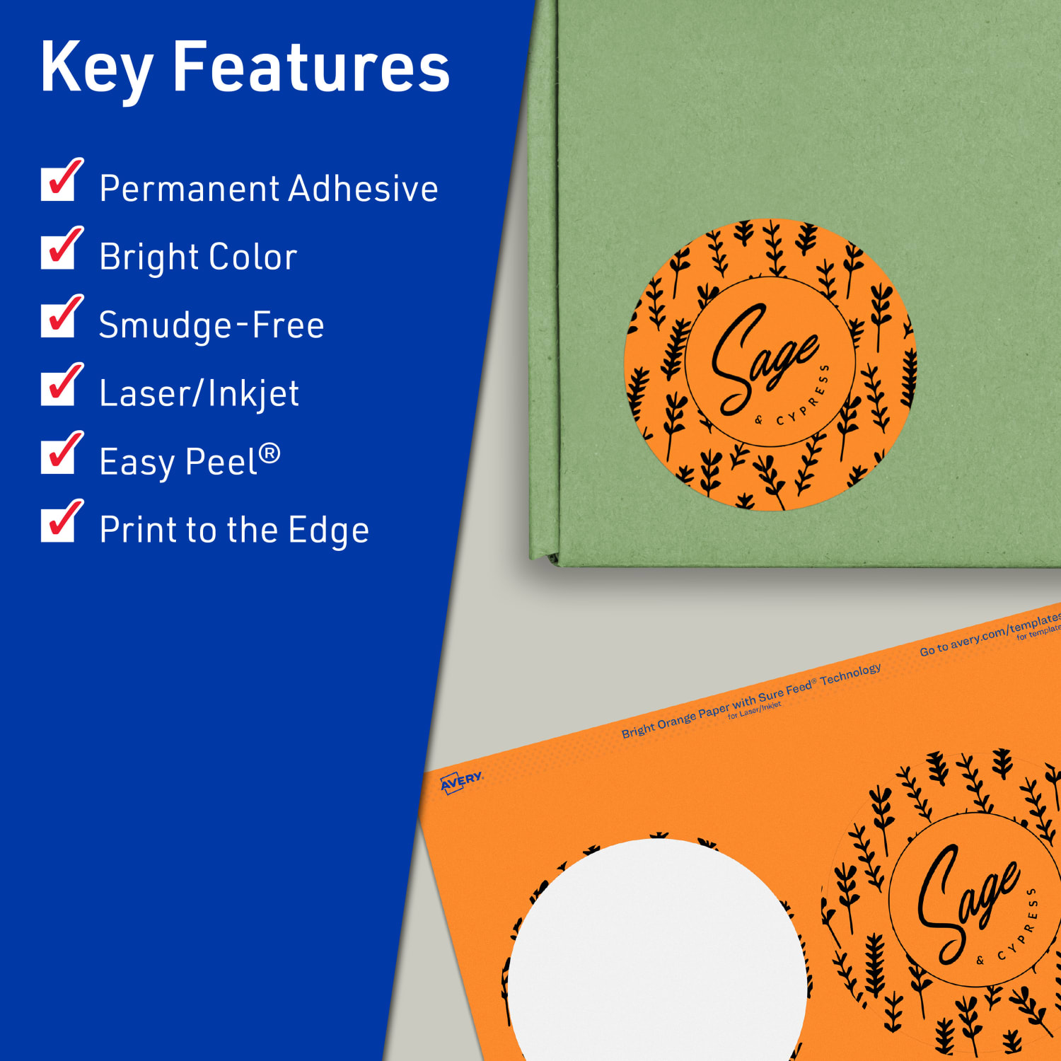 Avery Print-To-The-Edge Labels With Sure Feed Technology And Easy Peel Label Feature, 94514-BOP80, Round, 3-1/2in, Matte Bright Orange, Pack of 320 - Image 3