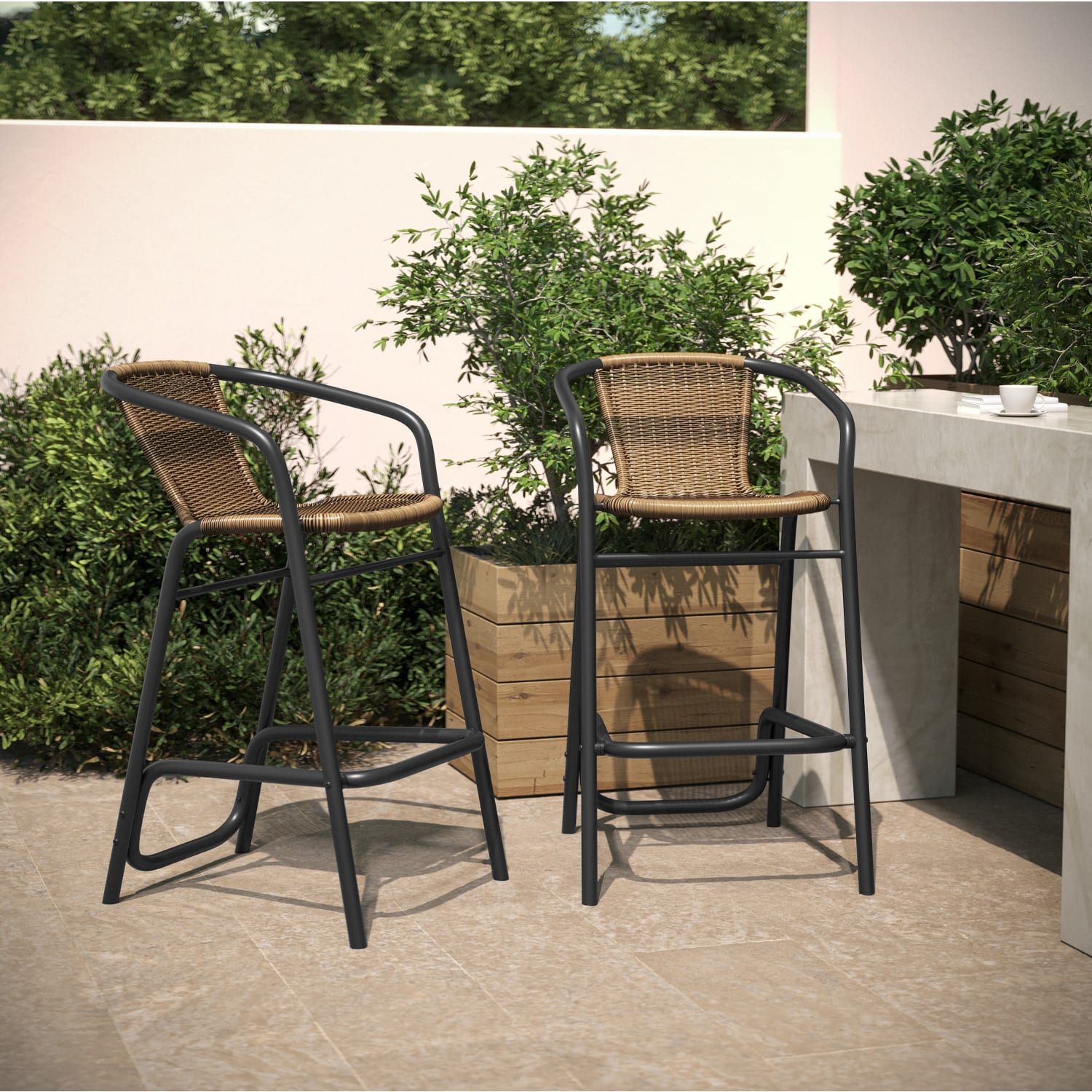 Flash Furniture Lila Set of 2 Commercial Grade IndoorOutdoor PE Rattan Restaurant Barstools with Aluminum Frames and Footrests Medium Brown PopularChairscom Flash Furniture Lila Set of 2 Commercial Grade Indoor Outdoor PE Rattan Restaurant Barstools with Aluminum Frames and Footrests Medium Brown PopularChairscom