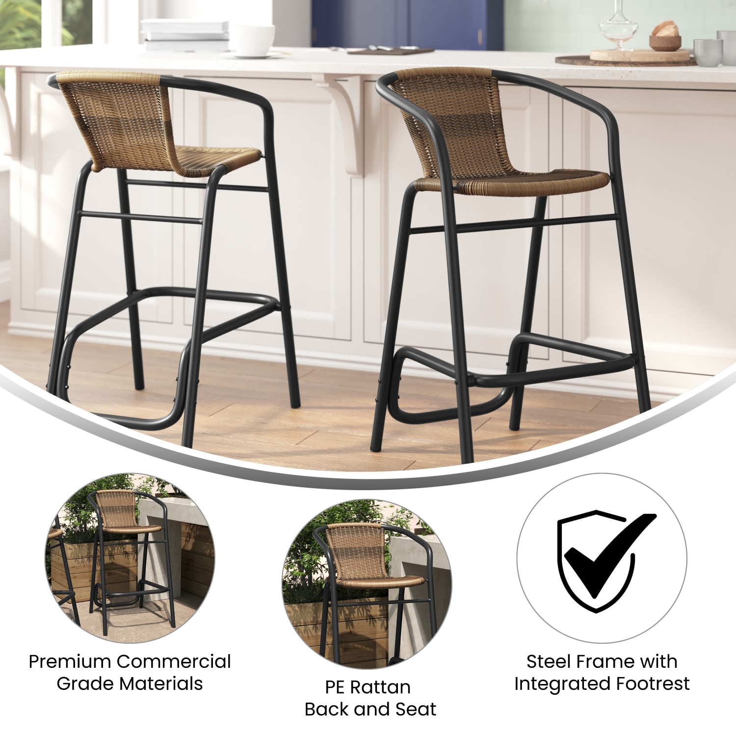 Flash Furniture Lila Set of 2 Commercial Grade Indoor-Outdoor PE Rattan Restaurant Barstools with Aluminum Frames and Footrests, Medium Brown - Image 4