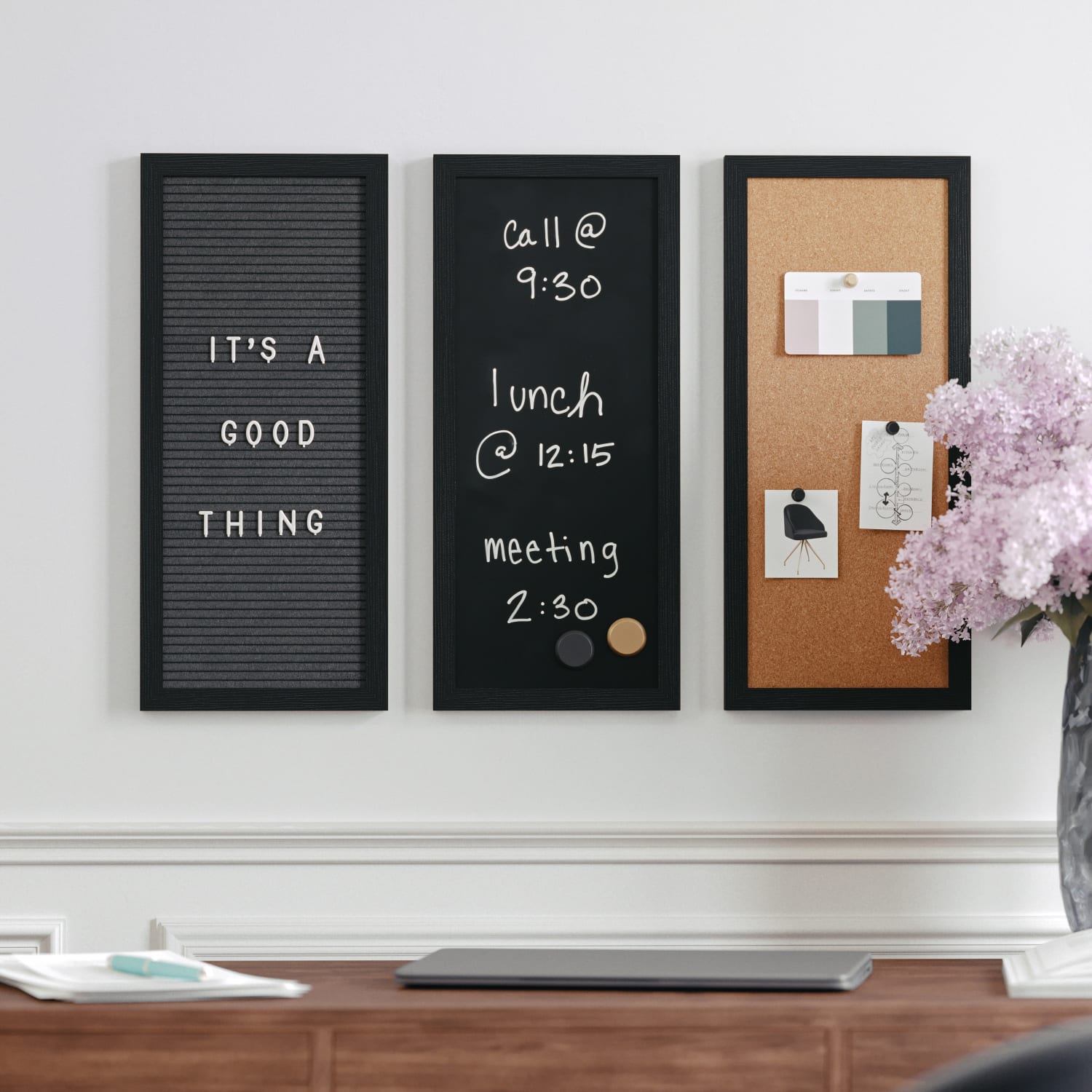 Martha Stewart Everette Cork, Chalk And Letter Board Set, 8in x 18in, Black/Brown, Black Woodgrain Frame