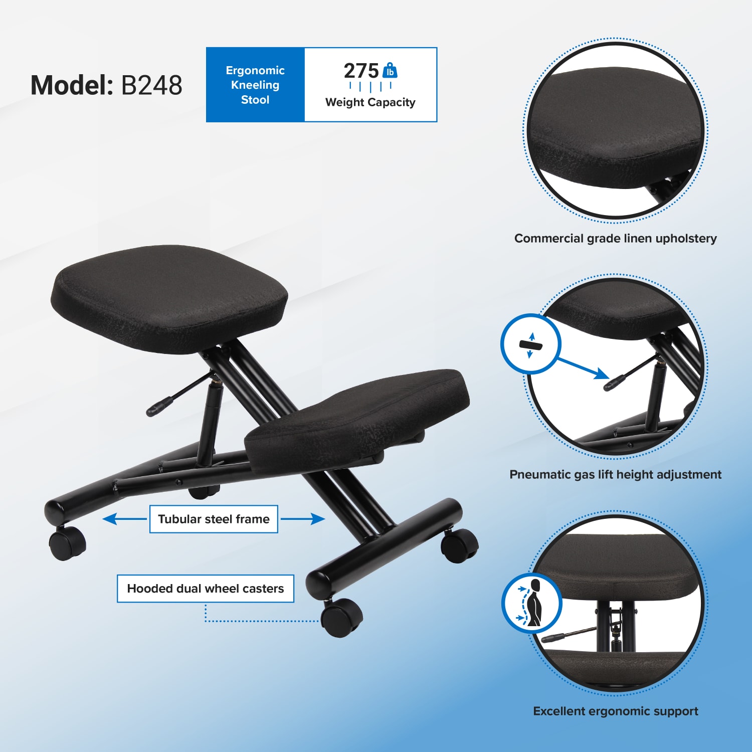 Boss Office Products Ergonomic Kneeling Stool, 25inH x 19 1/2inW x 26inD, Black - Image 5