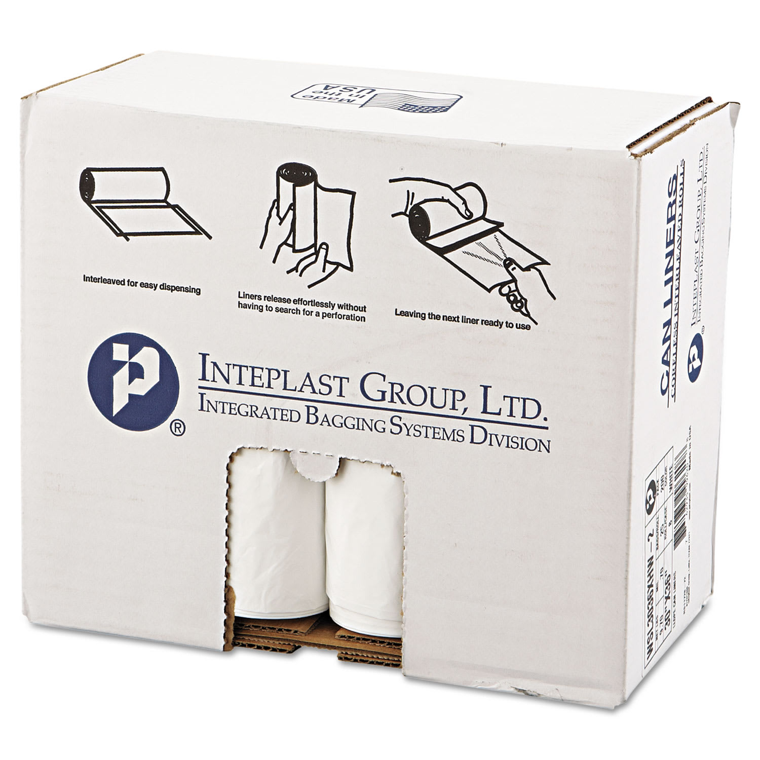 Inteplast Group Low-Density Commercial Can Liners, 30 gal, 0.7 mil, 30in x 36in, White, Interleaved Roll, 25 Bags/Roll, 8 Rolls/Carton
