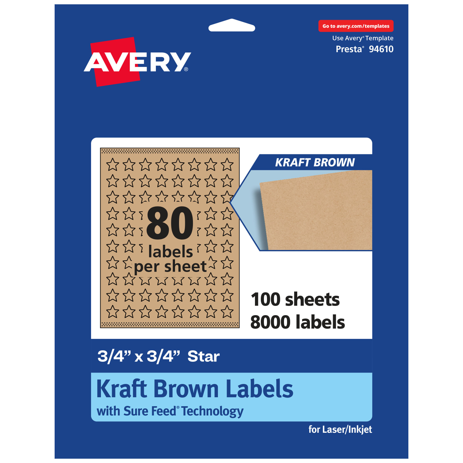 Avery Kraft Permanent Labels With Sure Feed, 94610-KMP100, Star, 3/4in x 3/4in, Brown, Pack Of 8,000