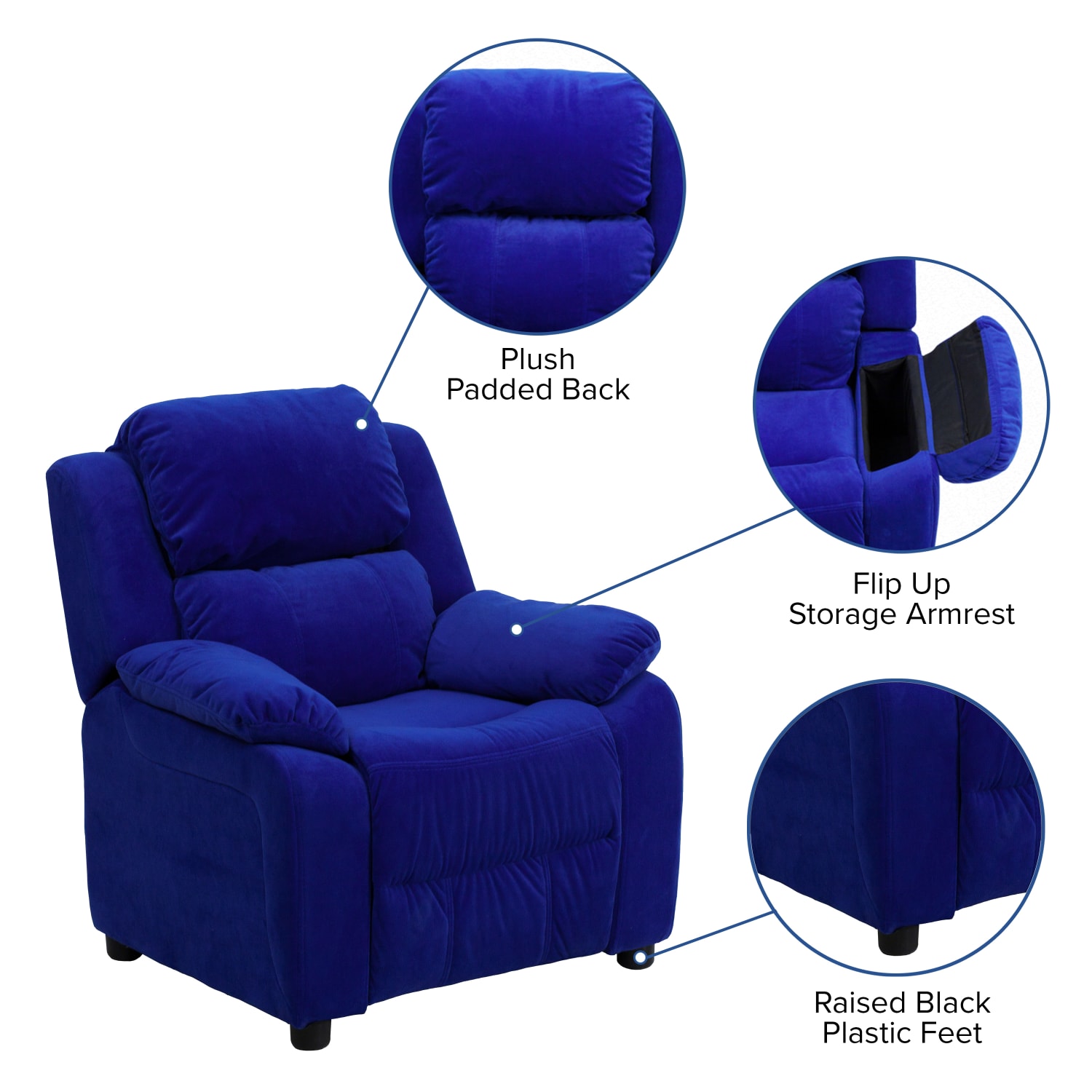 Flash Furniture Deluxe Padded Contemporary Microfiber Kids Recliner Accent Chair With Storage Arms Blue PopularChairscom