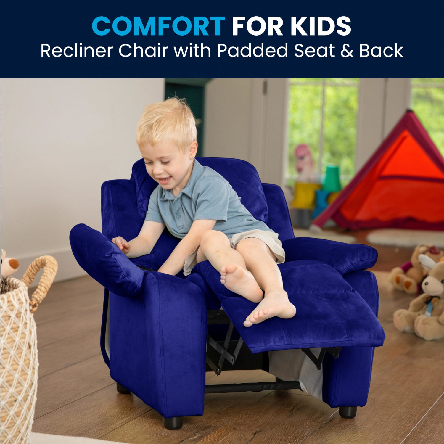 Flash Furniture Deluxe Padded Contemporary Microfiber Kids Recliner Accent Chair With Storage Arms Blue PopularChairscom