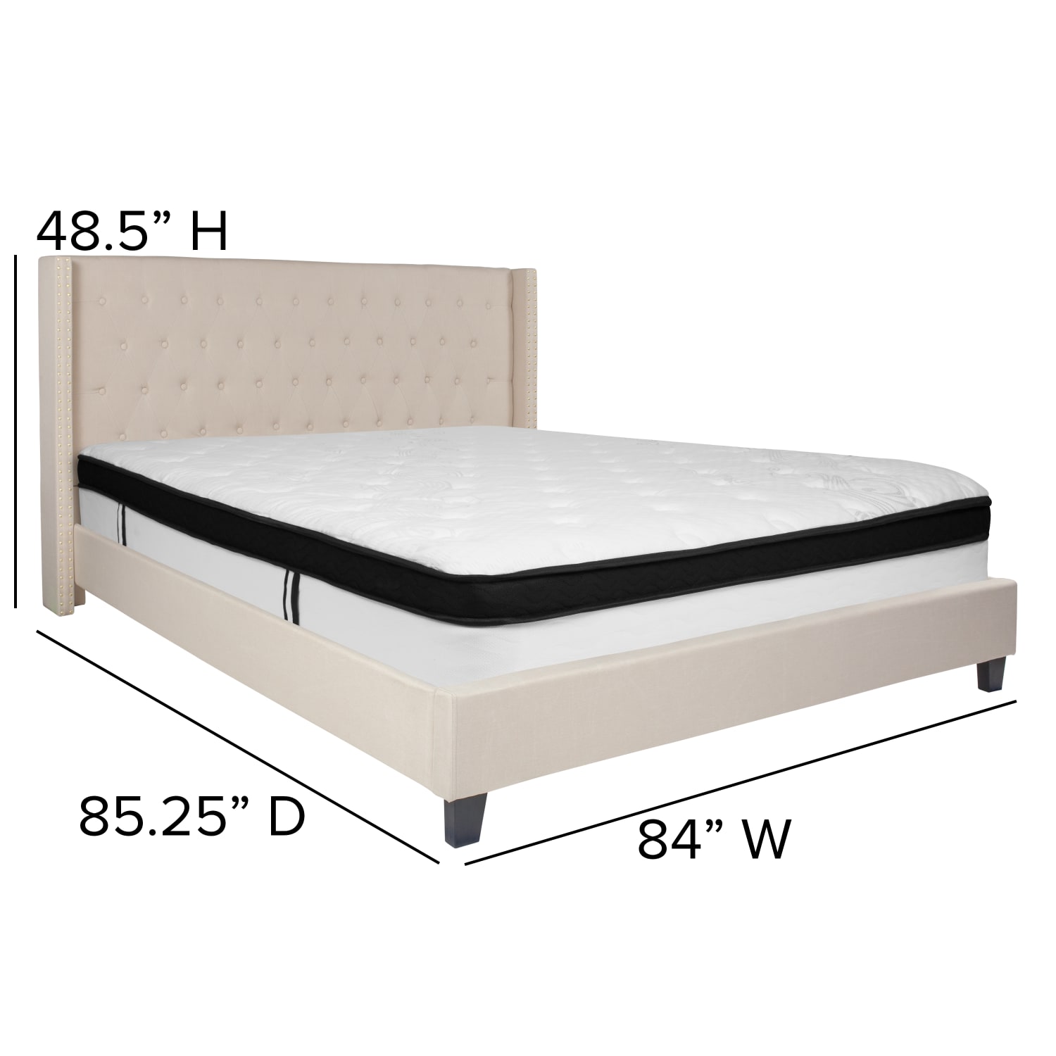 Flash Furniture Riverdale Tufted Upholstered Platform Bed With Accent Nail Trimmed Extended Sides And Memory Foam Pocket Spring Mattress, King, Beige - Image 5