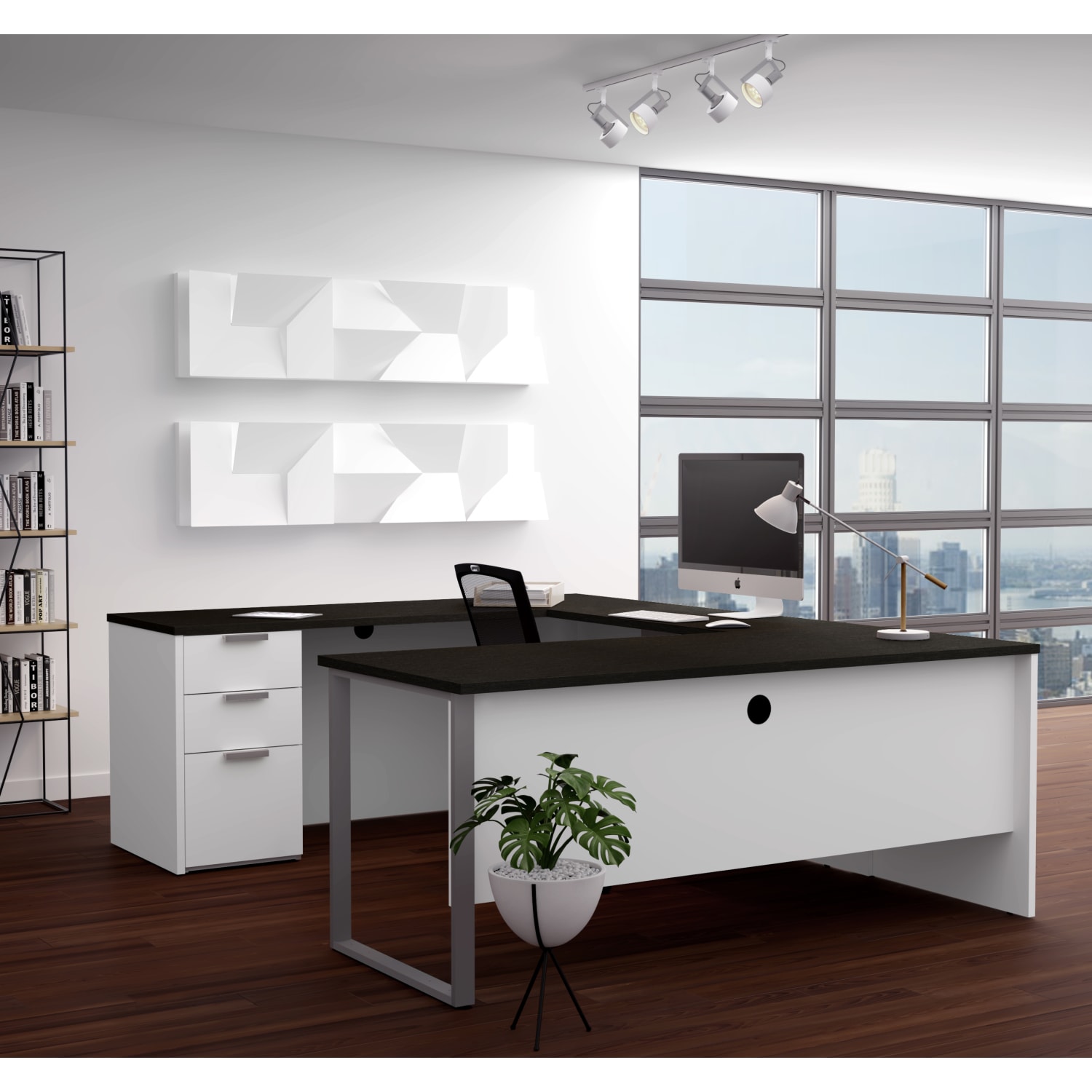 Bestar Pro-Concept Plus 72inW U-Shaped Executive Computer Desk With Pedestal, White/Deep Gray - Image 3