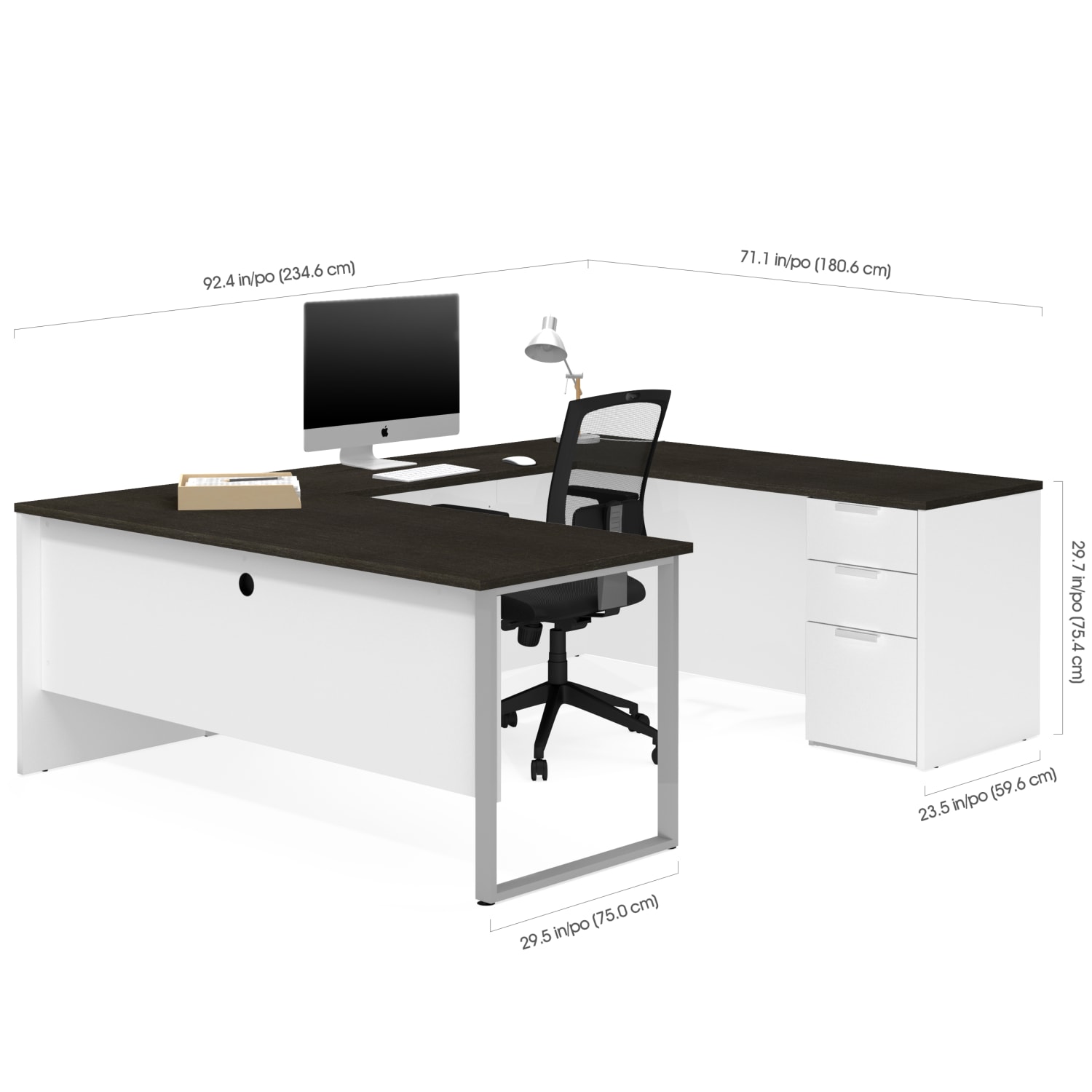 Bestar Pro-Concept Plus 72inW U-Shaped Executive Computer Desk With Pedestal, White/Deep Gray - Image 4