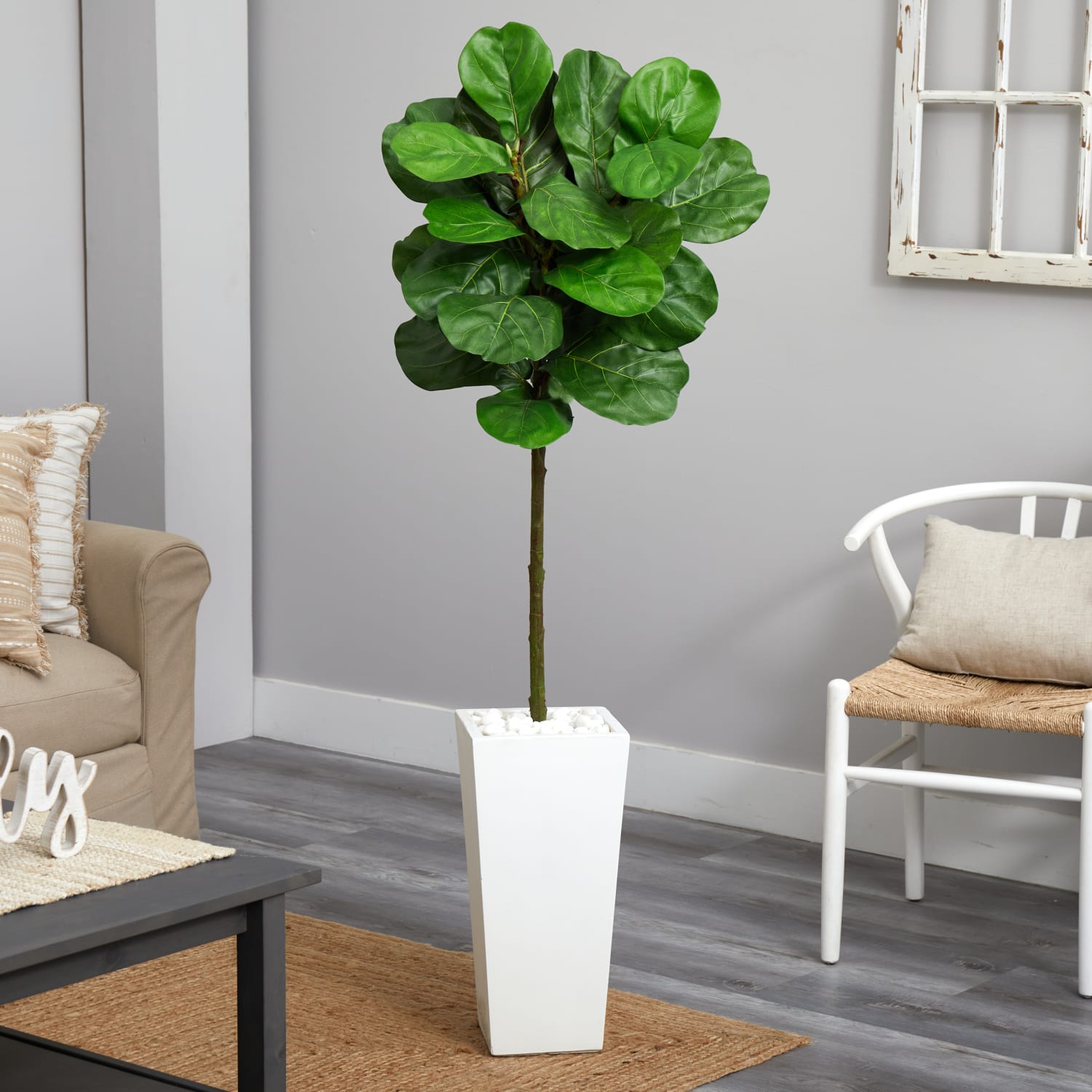Nearly Natural Fiddle Leaf 66in Artificial Tree With Tower Planter, Green/White - Image 3