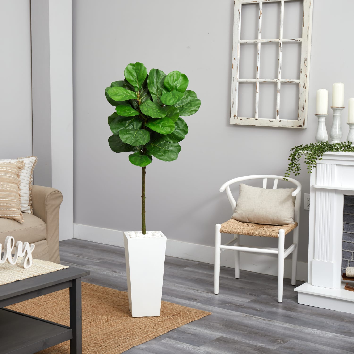 Nearly Natural Fiddle Leaf 66in Artificial Tree With Tower Planter, Green/White - Image 4