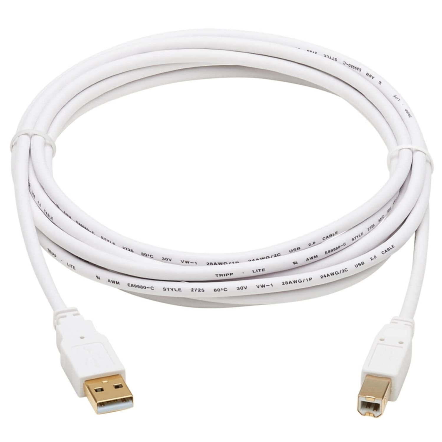Tripp Lite Safe-IT USB-A to USB-B Antibacterial Cable M/M, USB 2.0, White, 10 ft. - 10 ft USB/USB-B Data Transfer Cable - First End: 1 x Type A Male USB - Second End: 1 x Type B Male USB - 480 Mbit/s - White - Image 5