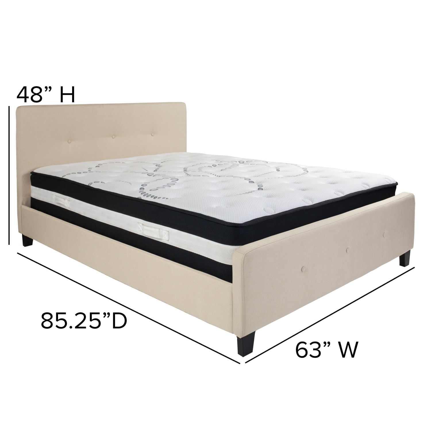 Flash Furniture Tribeca Button Tufted Upholstered Platform Bed with Pocket Spring Mattress, Queen, 48inH x 63inW x 85-1/4inL, Beige - Image 5