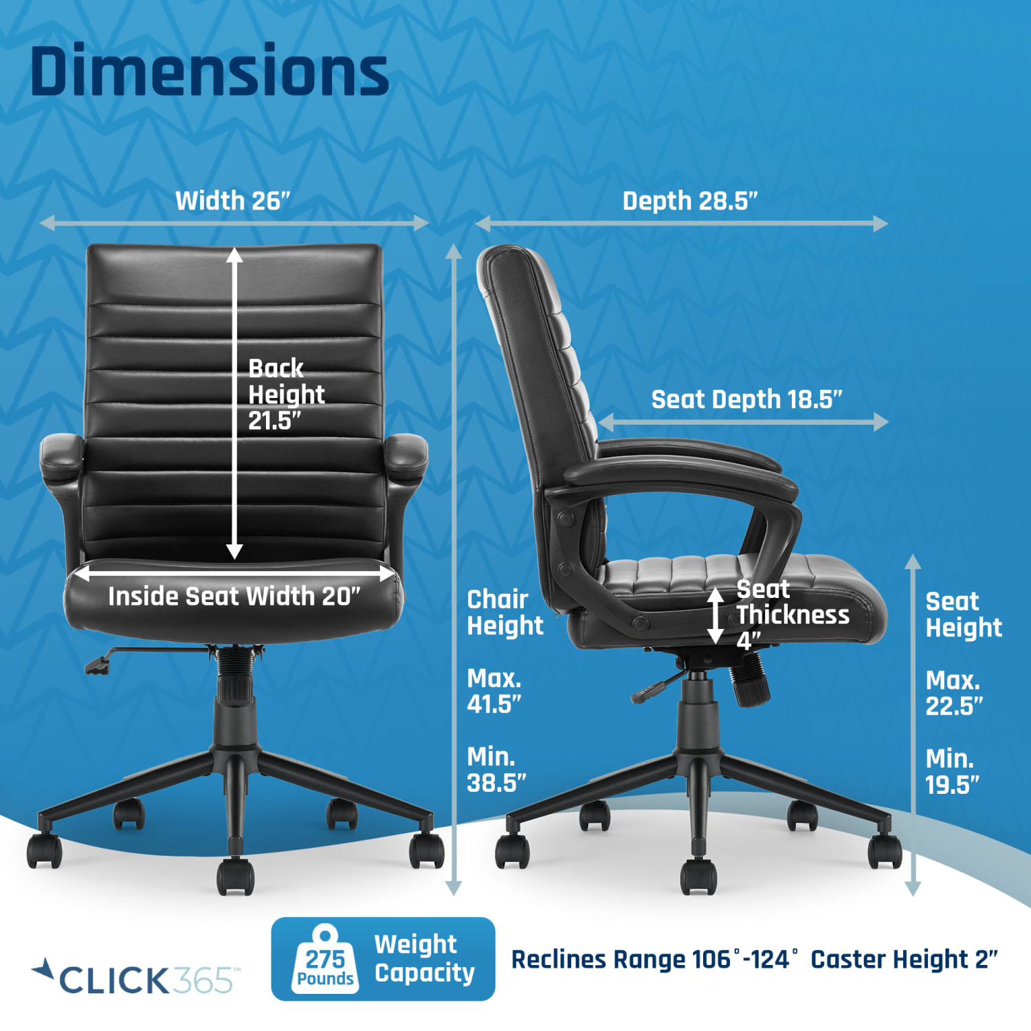 Click365 Transform 30 Ergonomic Vegan Leather Mid Back Managers Chair Black PopularChairscom