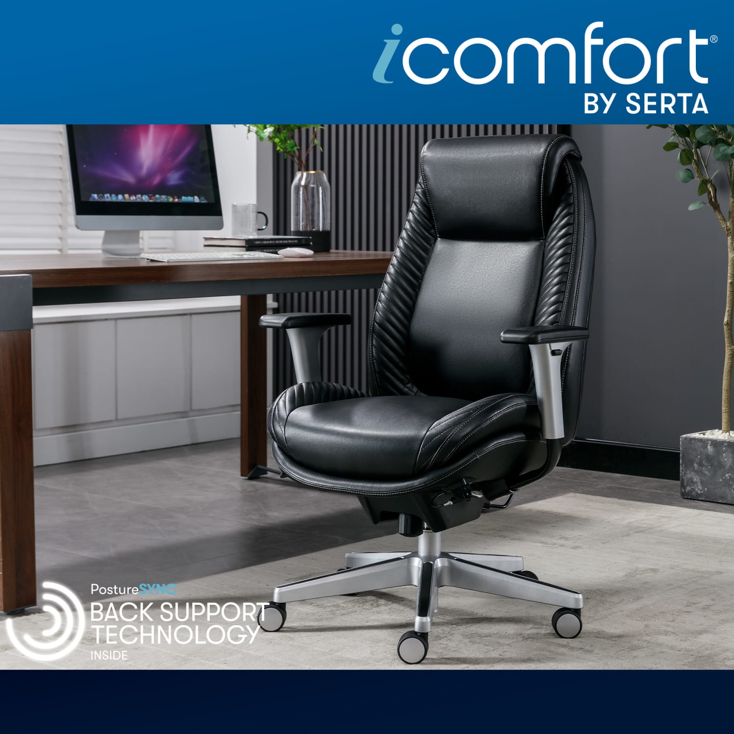 Serta iComfort i6000 Ergonomic Bonded Leather High-Back Manager Office Chair, Black/Silver - Image 3