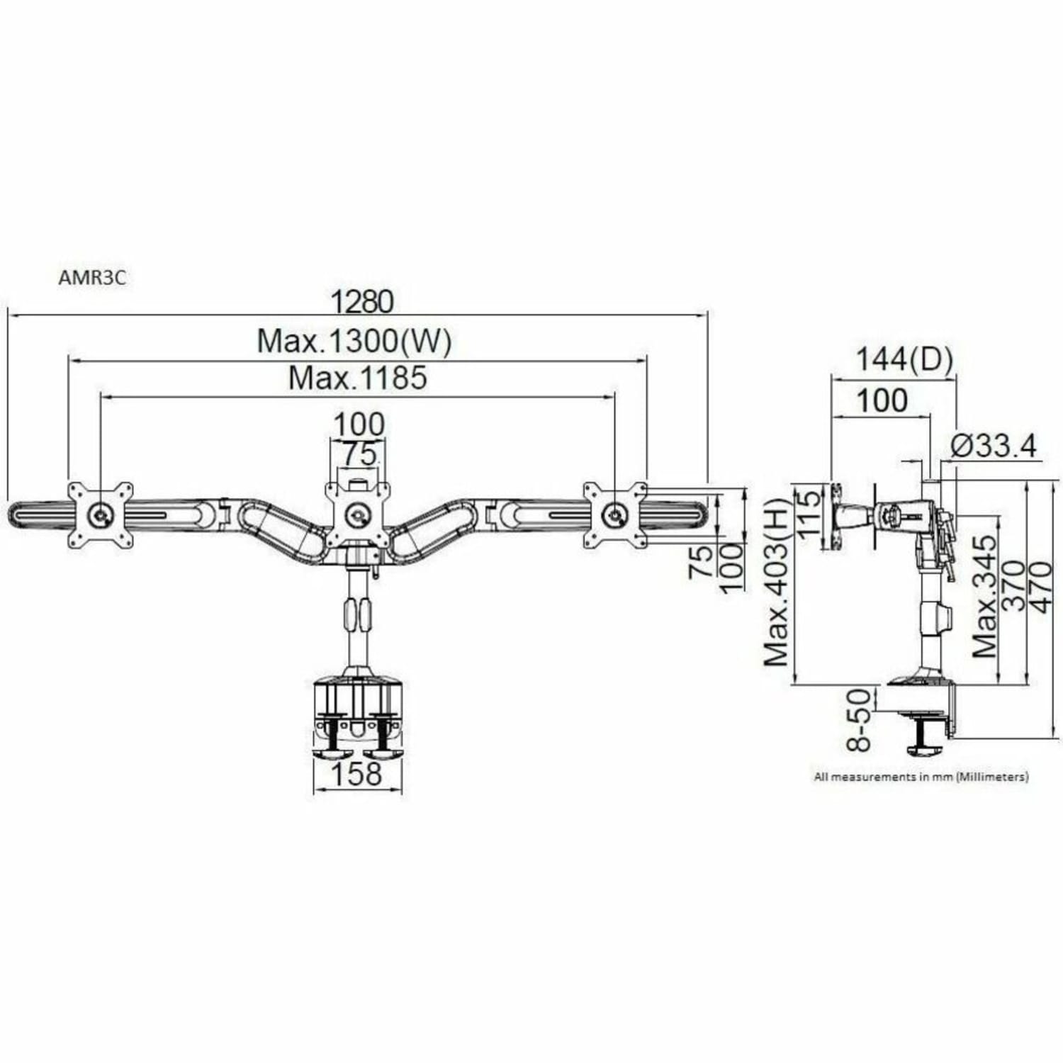 Amer Mounts Clamp Based Triple Monitor Mount for three 15in-24in LCD/LED Flat Panel Screens - Supports up to 17.6lb monitors, +/- 20 degree tilt, and VESA 75/100 - Image 4