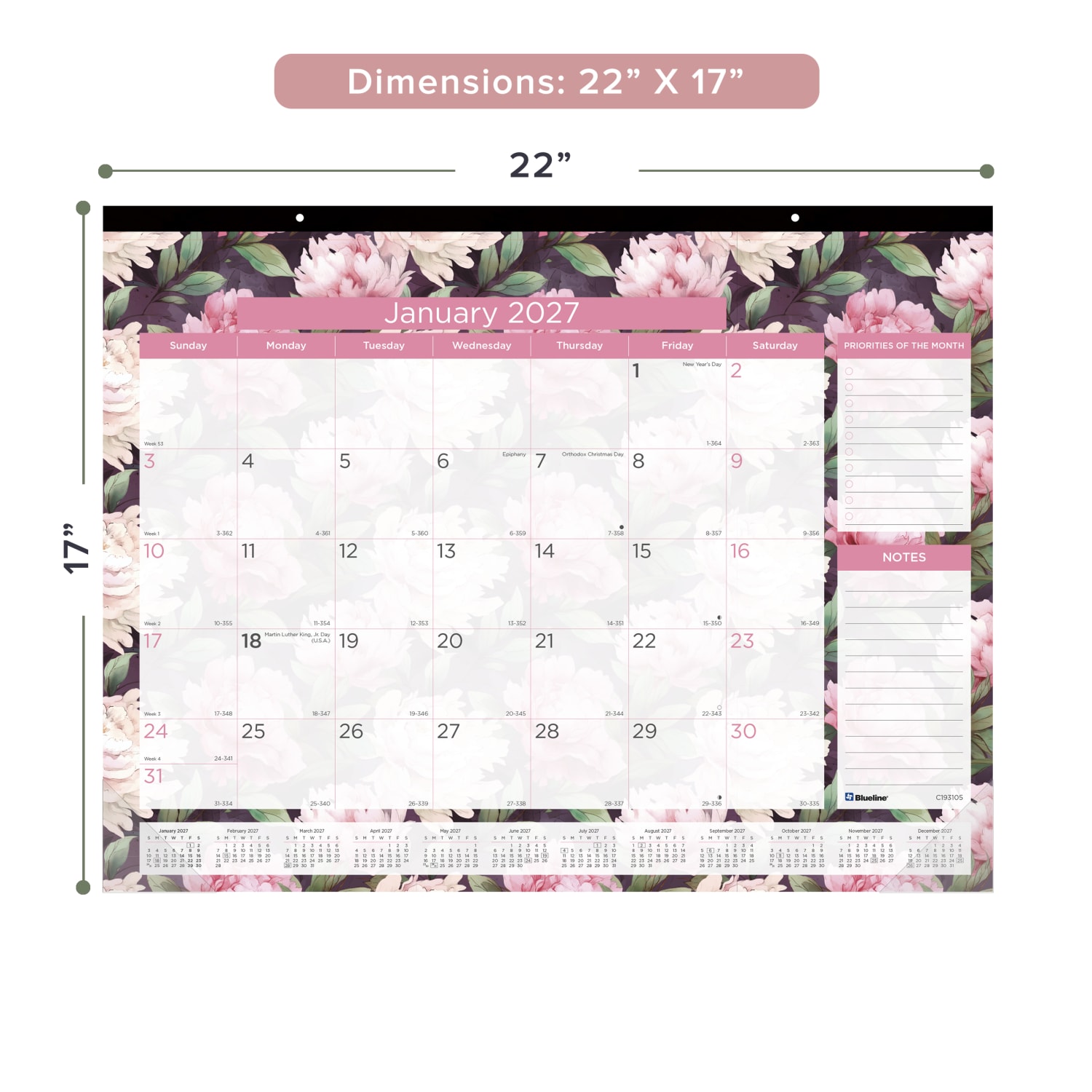 2027 Blueline Monthly Desk Pad Calendar, 22in x 17in, Pink, January To December, C193105, Total Qty 1 - Image 3