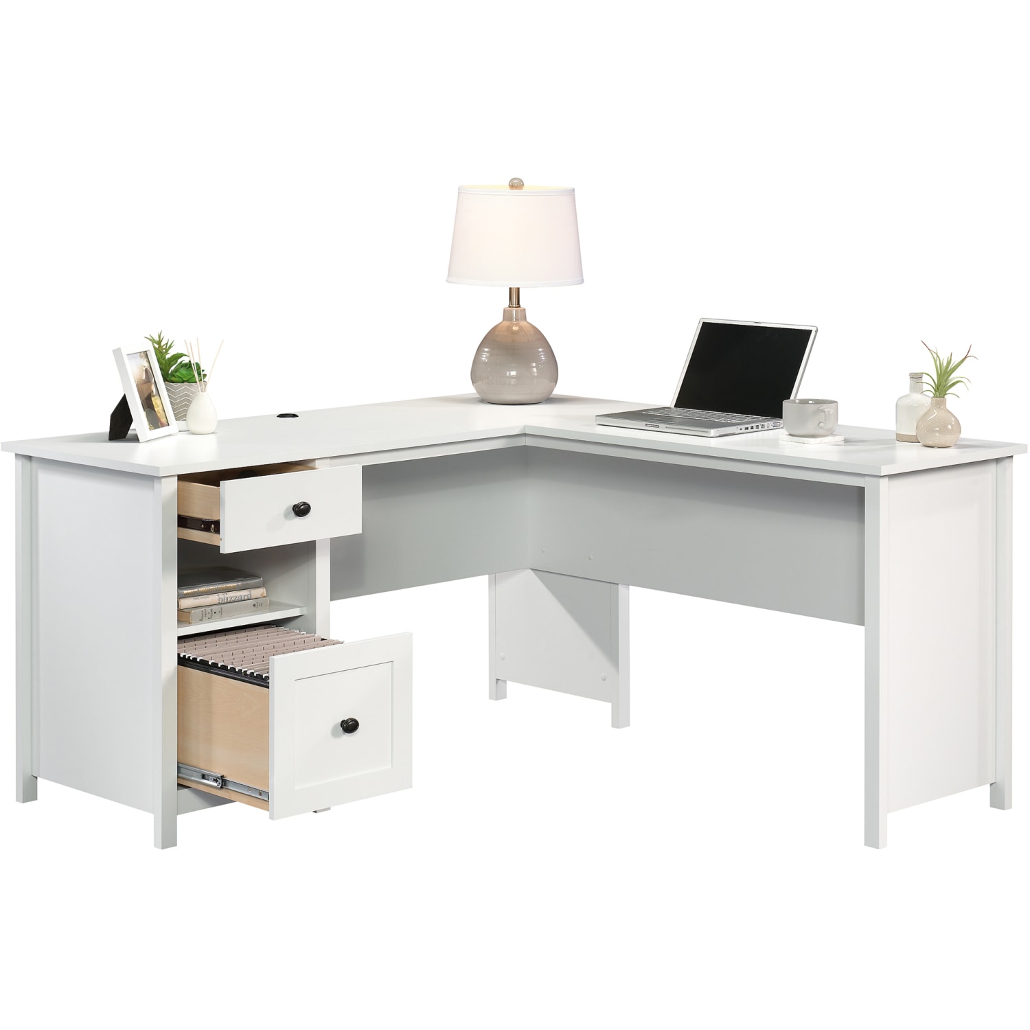 Sauder County Line 61inW L-Shaped Office Computer Desk With File Drawer, Soft White - Image 4