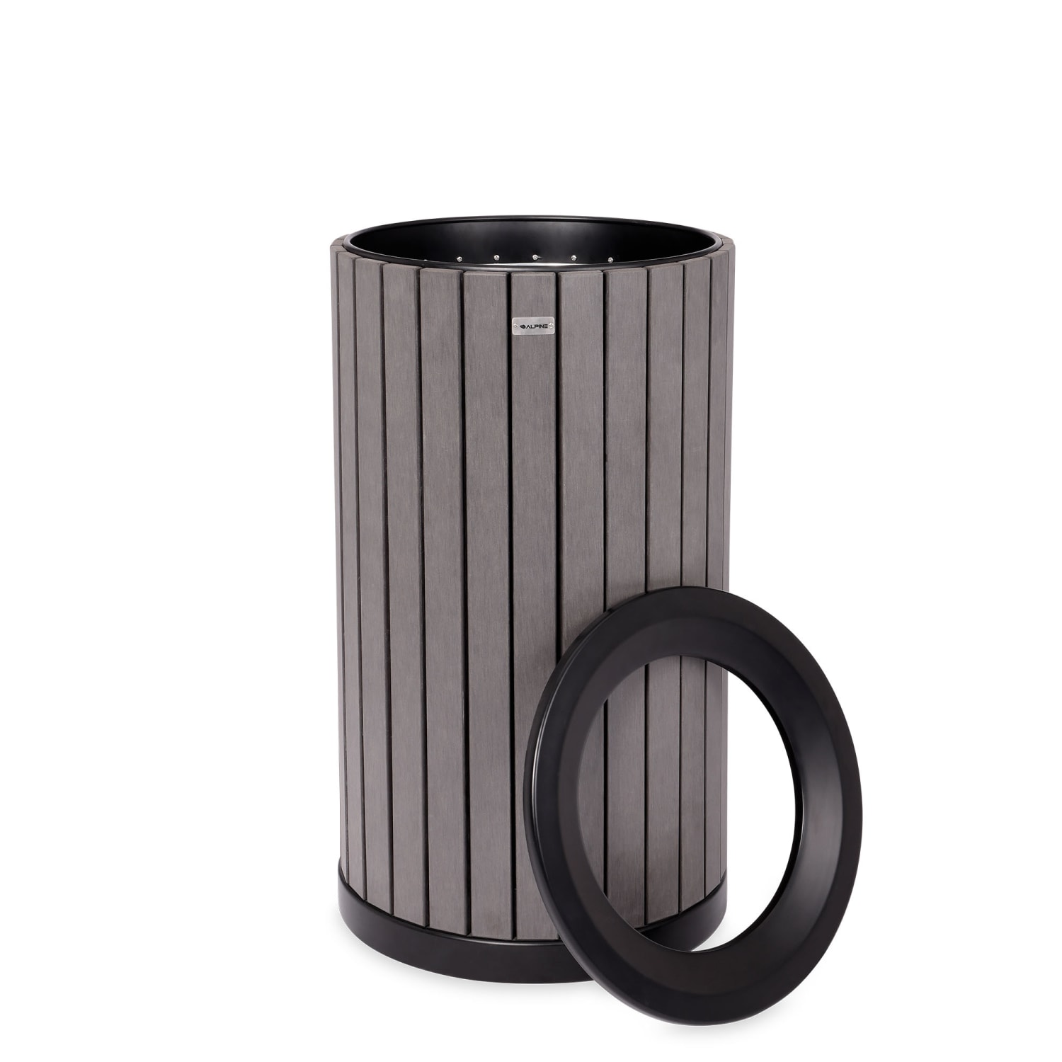 Alpine Slatted Recycled Plastic Panel Round Outdoor Trash Can, 32 Gallon, 33-7/8inH x 20inW x 20D, Gray - Image 4