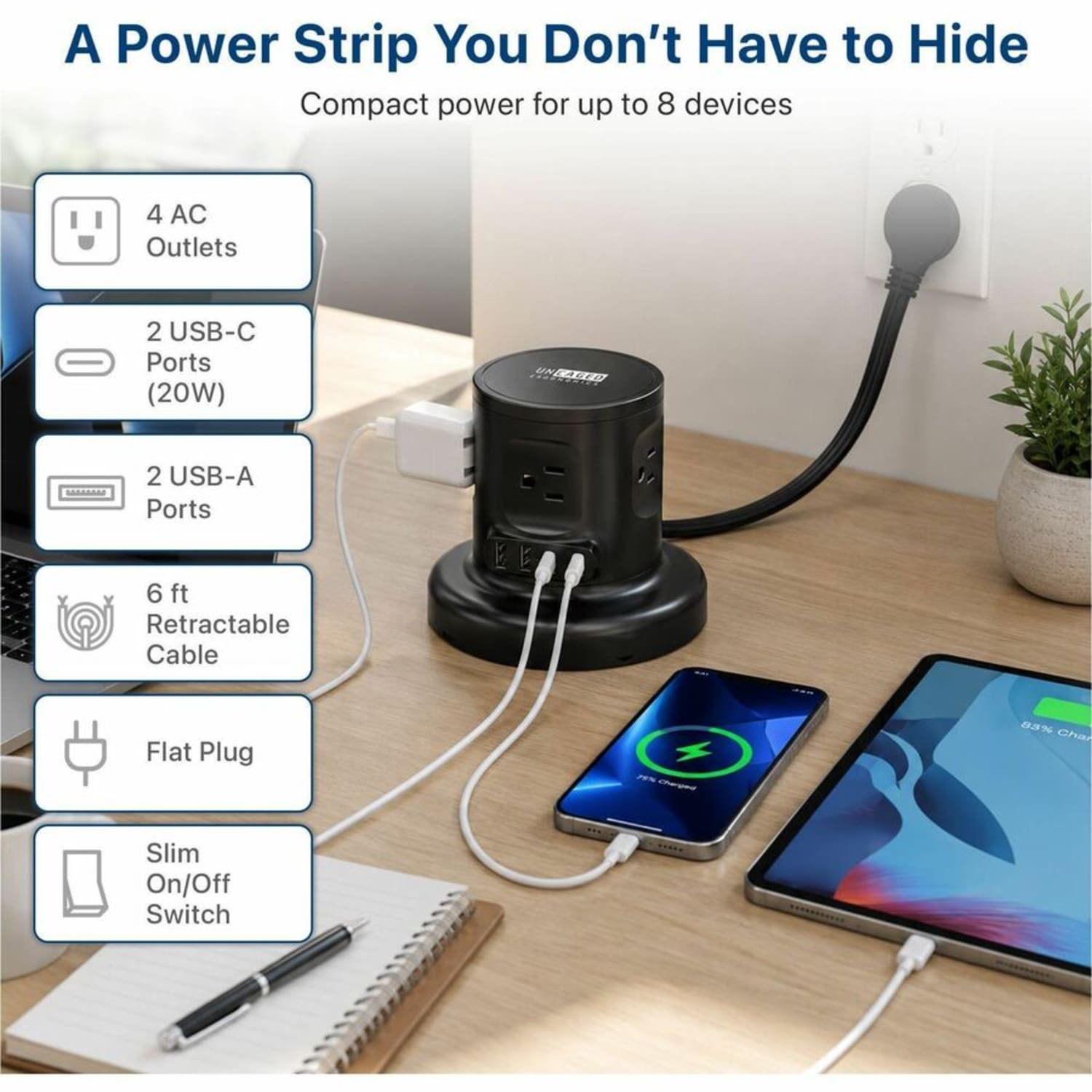 Uncaged Ergonomics Retractable Power Strip, RPS2BLACK - Image 3