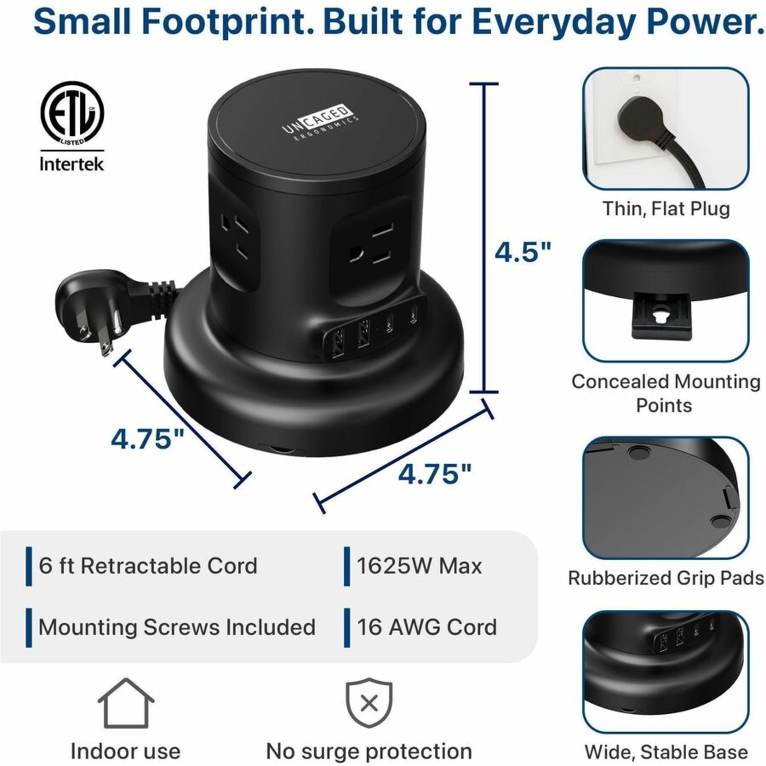 Uncaged Ergonomics Retractable Power Strip, RPS2BLACK - Image 6