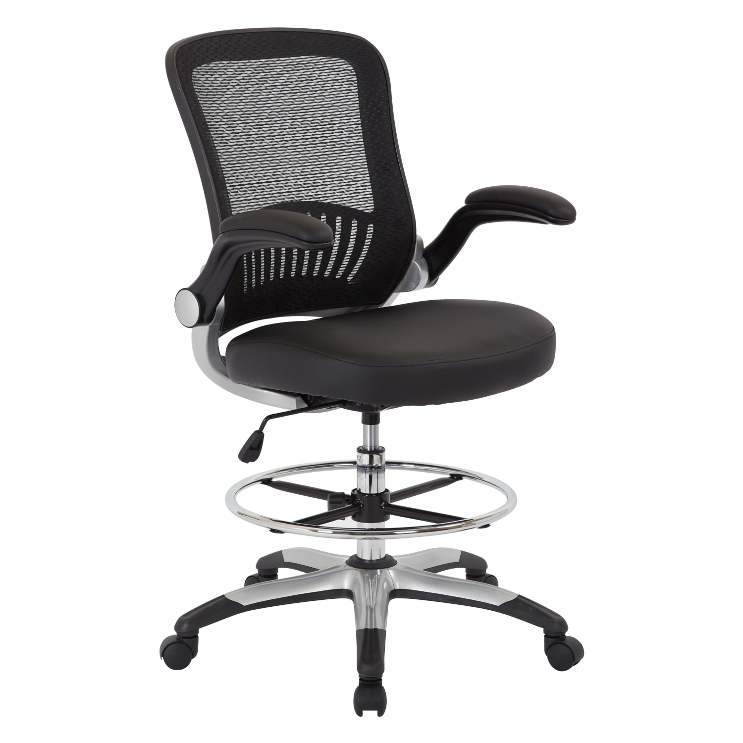 Office Star DC Series Faux Leather/Mesh Back Drafting Chair, Black/Silver