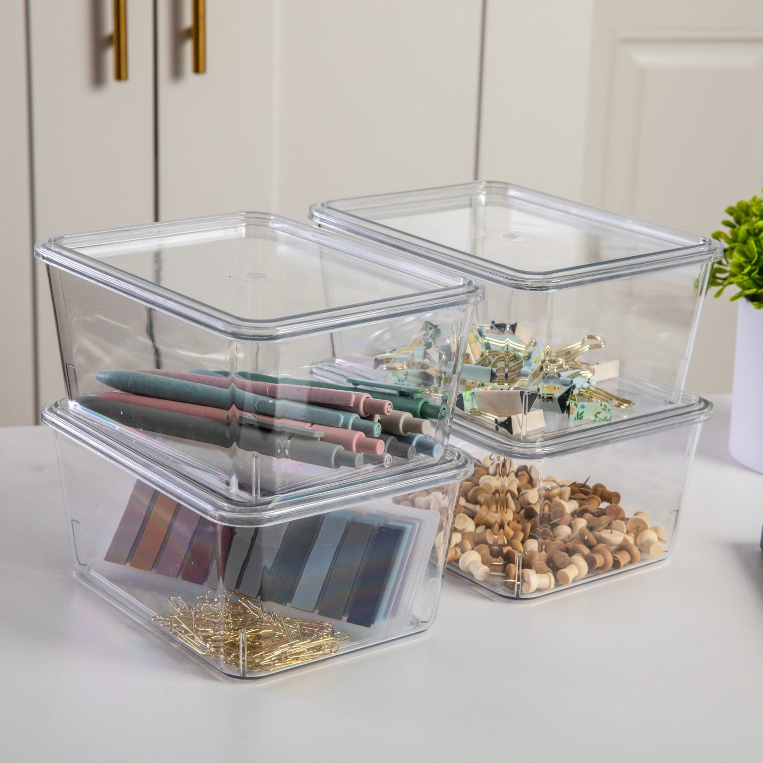 Martha Stewart Brody Stackable Plastic Storage Boxes With Lids, 3-1/4inH x 6-3/4inW x 5inD, Clear, Pack Of 4 Boxes - Image 3