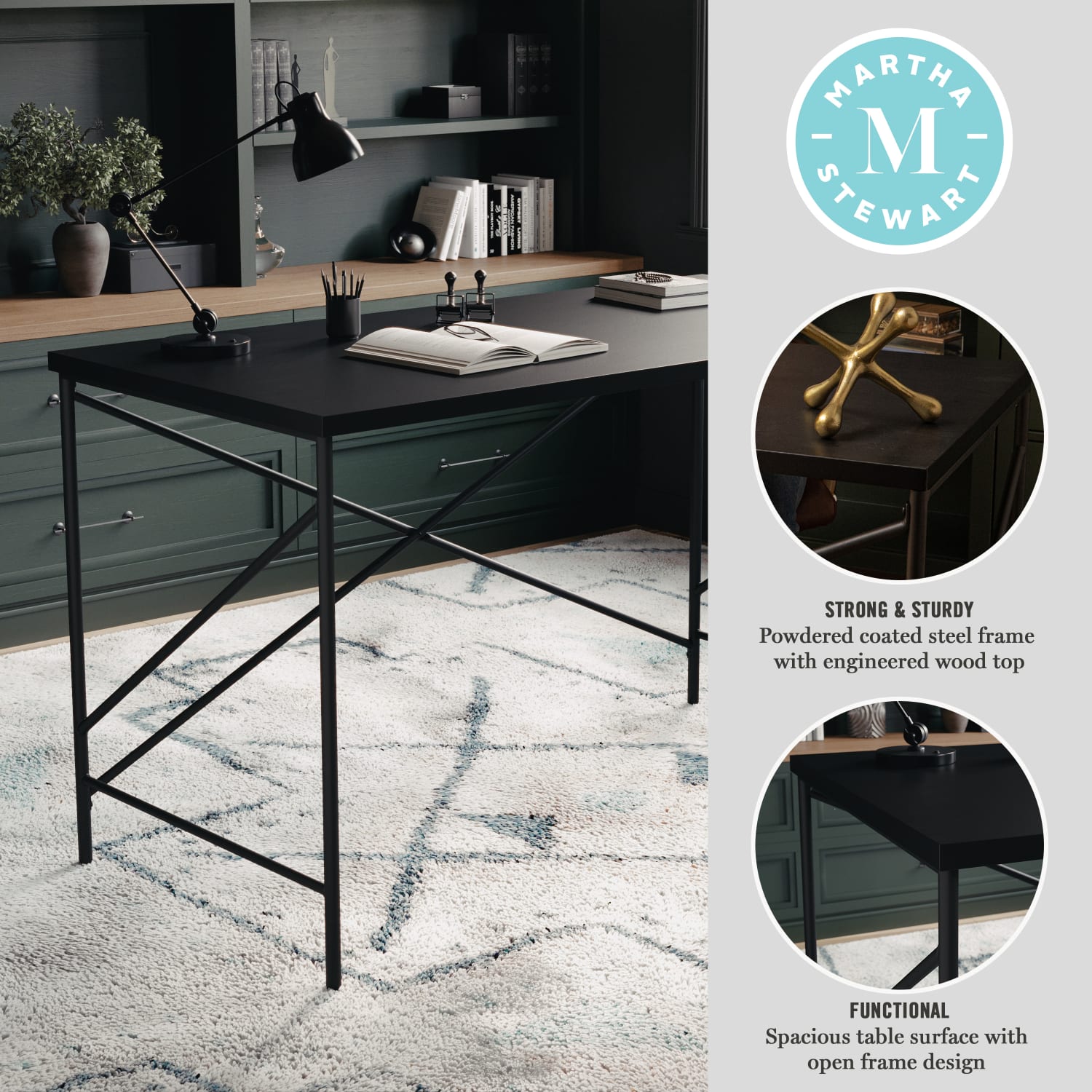 Martha Stewart Maddox 47.25inW Home Office Parsons Computer Desk With Metal X-Frame, Black/Oil Rubbed Bronze - Image 5