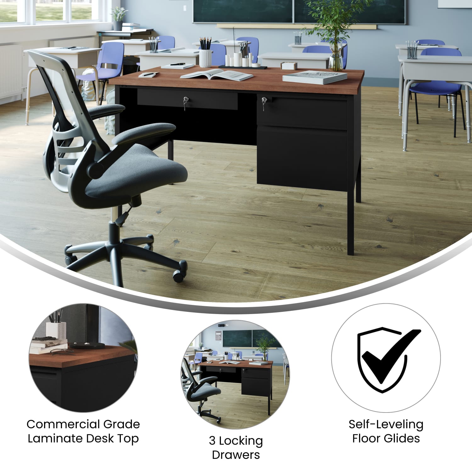 Flash Furniture Cambridge Commercial Grade Single Pedestal 47.75inW x 30inD Desk with Locking Drawers and Metal Frame, Walnut - Image 4