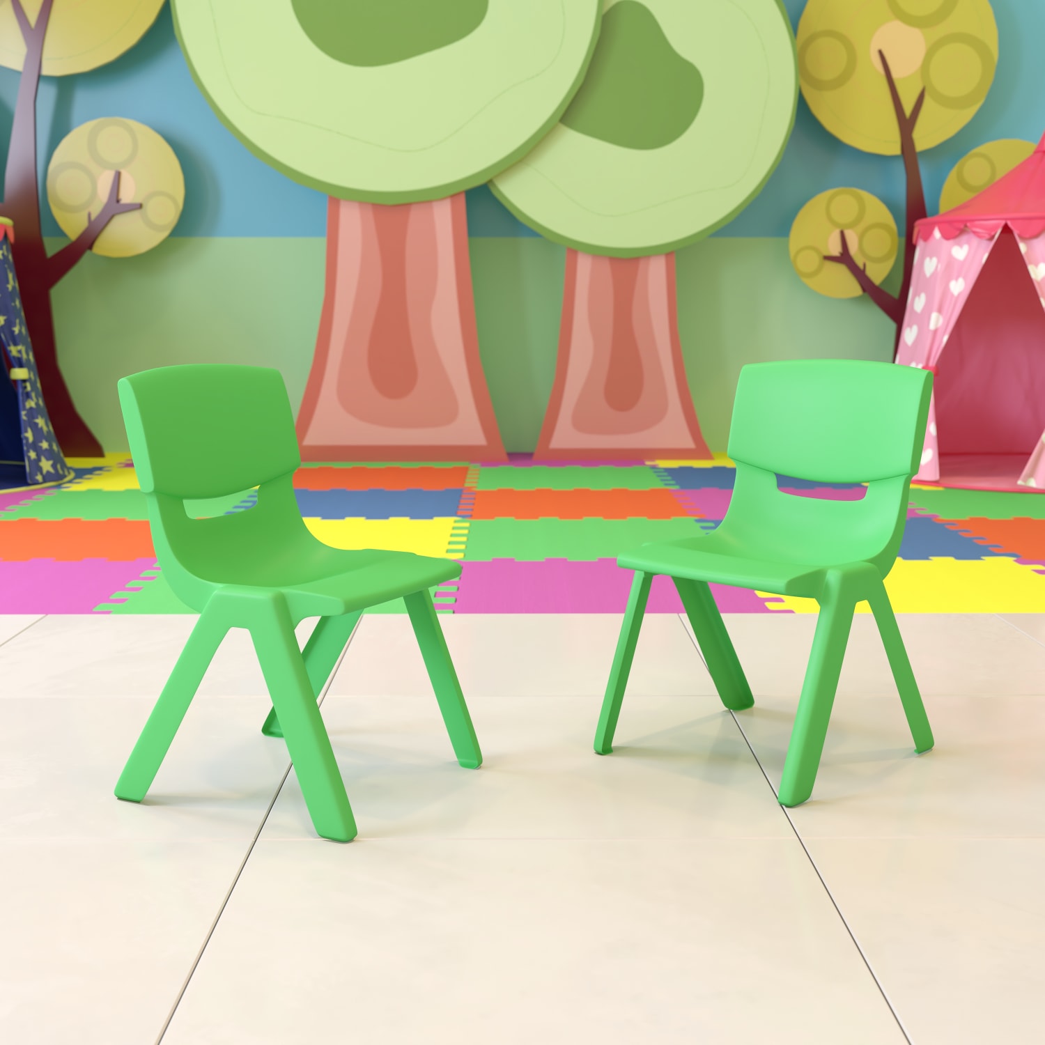 Flash Furniture Plastic Stackable School Chairs With 13-1/4in Seat Height, Green, Set Of 2 Chairs