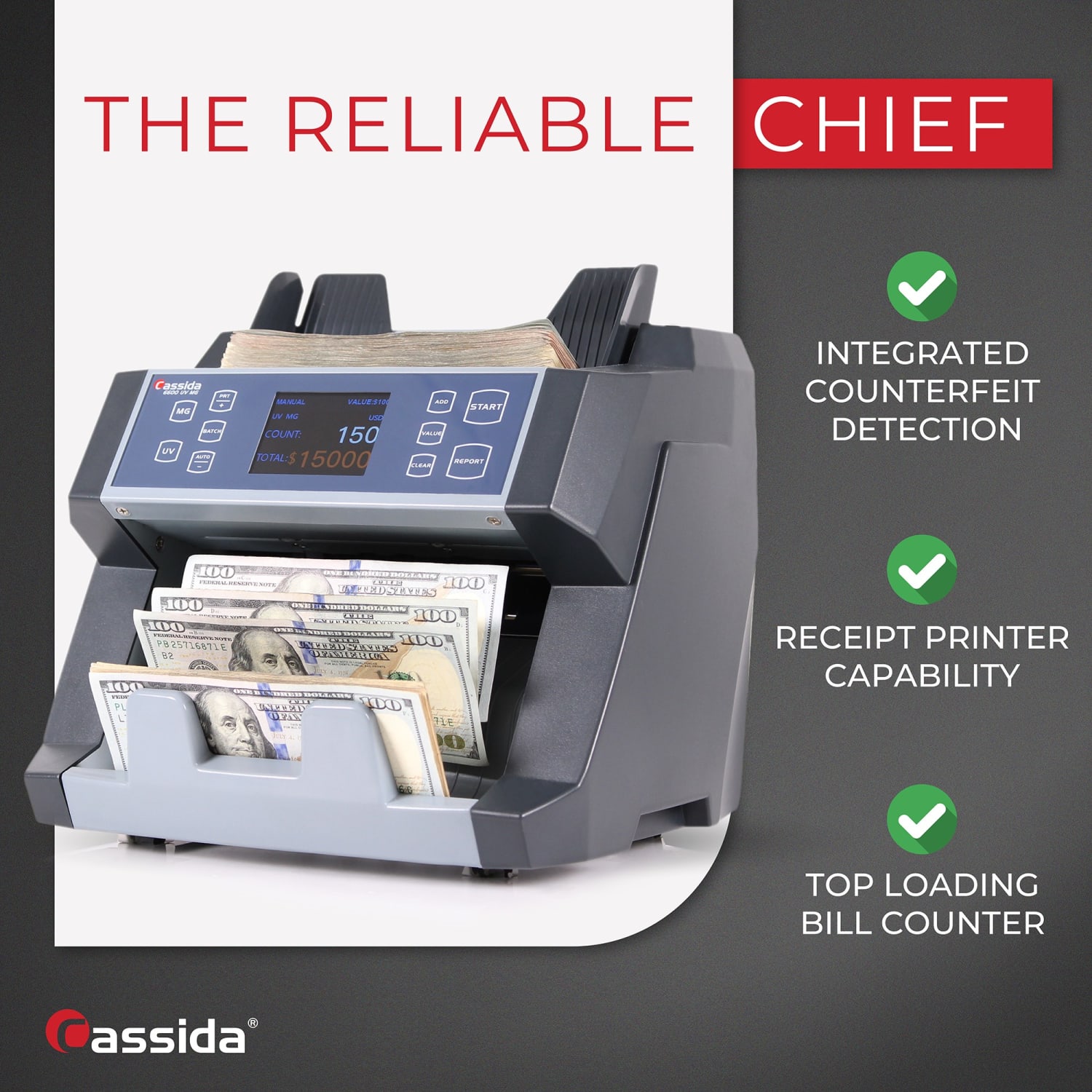Cassida Business Grade Money Counter With UV/MG/IR Counterfeit Detection, 8-1/8inH x 10-1/4inW x 11-1/4inD, Black - Image 3