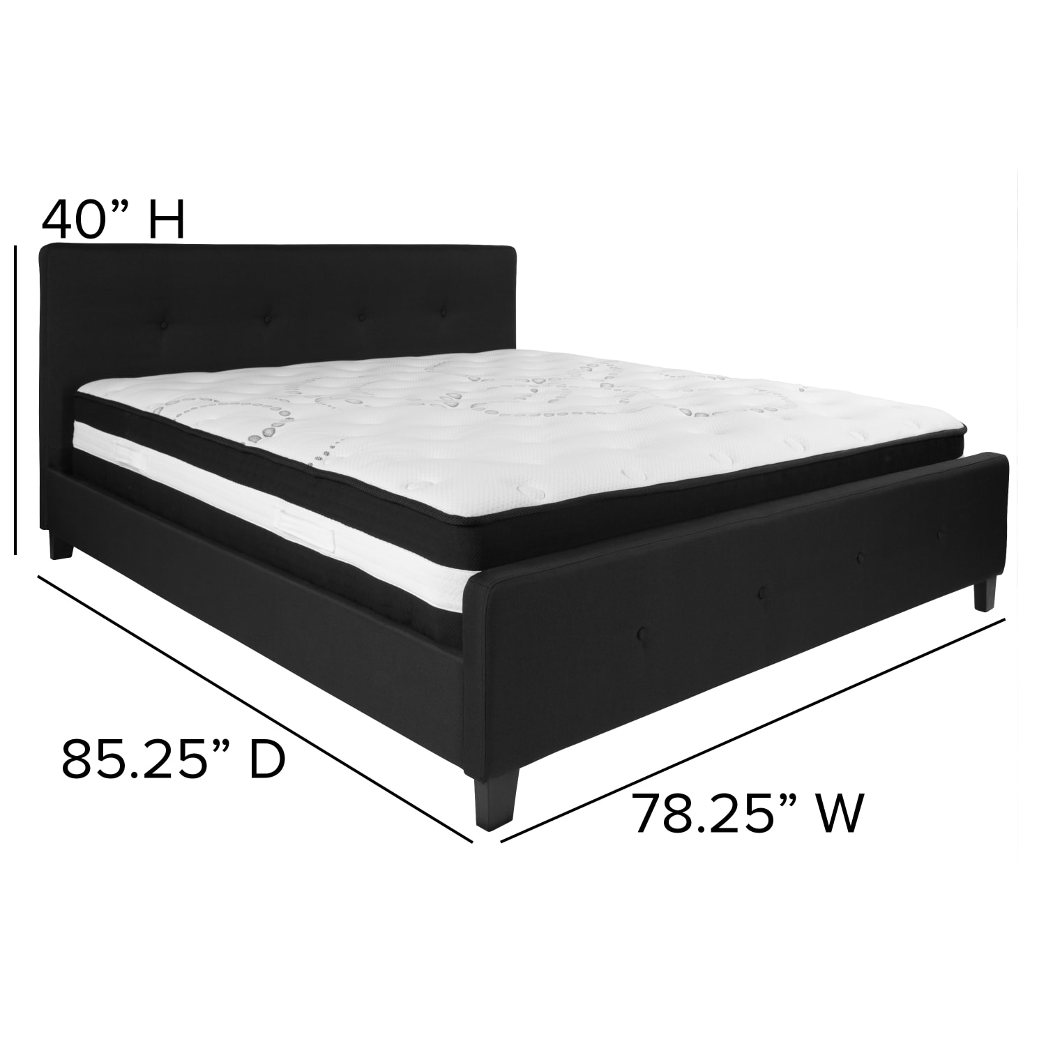 Flash Furniture Tribeca Button Tufted Upholstered Platform Bed with Pocket Spring Mattress, King, 40inH x 78-1/4inW x 85-1/4inL, Black - Image 5