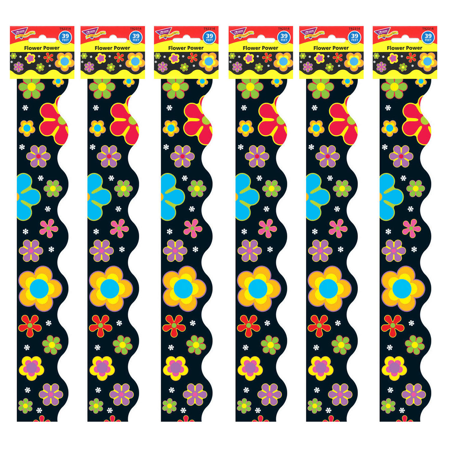 Trend Terrific Trimmers Packs, 39' x 2-1/4in, Flower Power, Set Of 6 Packs