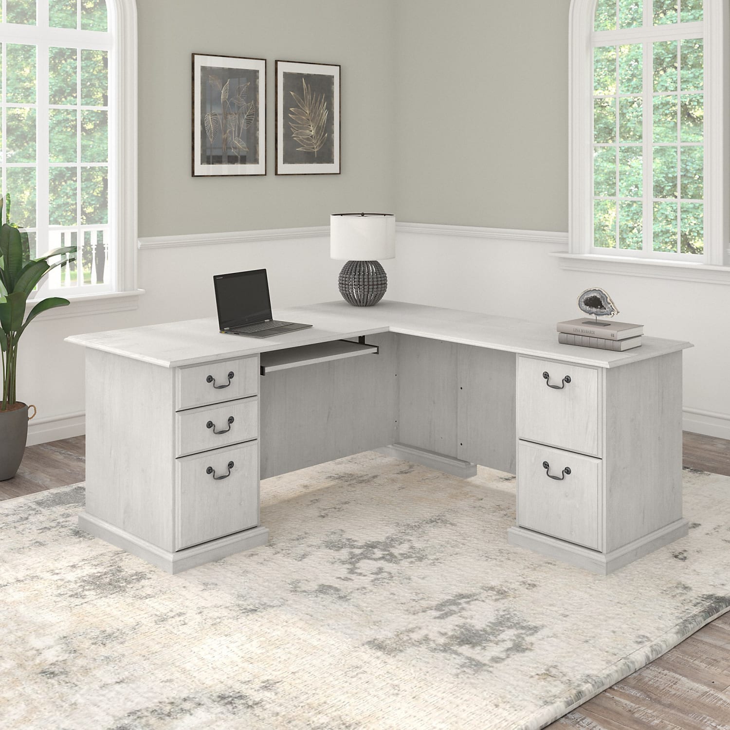 Bush Business Furniture Saratoga 66inW L-Shaped Corner Desk With Drawers, Linen White Oak, Standard Delivery - Image 3